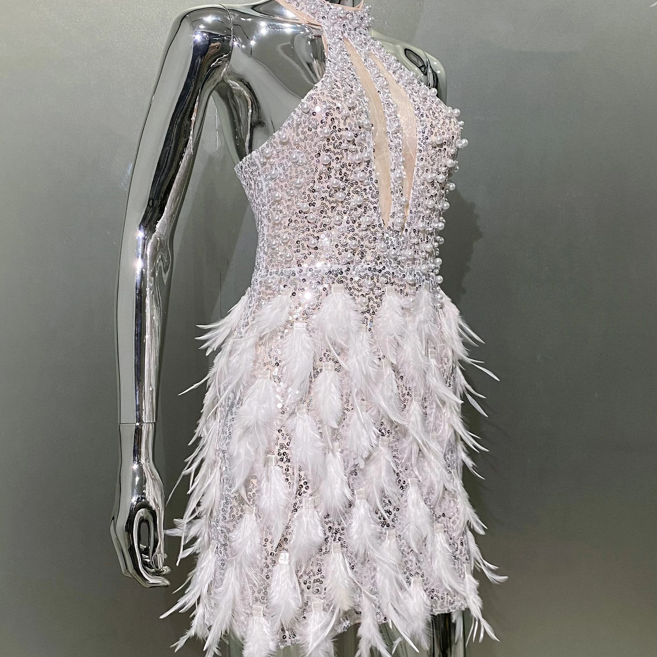 Gorgeous Feathers Beading High Slit Strapless Long Dress Woman Evening Dress Celebrity Birthday Party Outfit