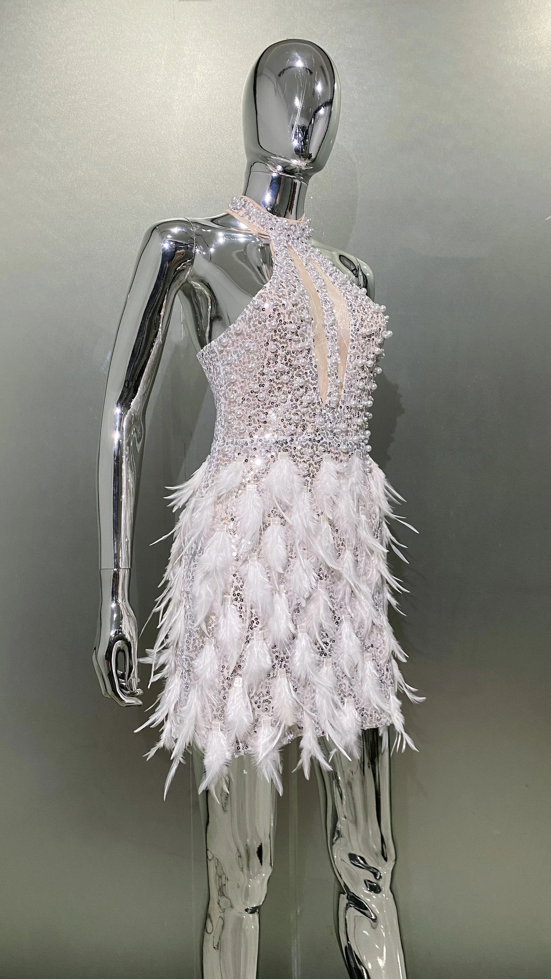 Gorgeous Feathers Beading High Slit Strapless Long Dress Woman Evening Dress Celebrity Birthday Party Outfit