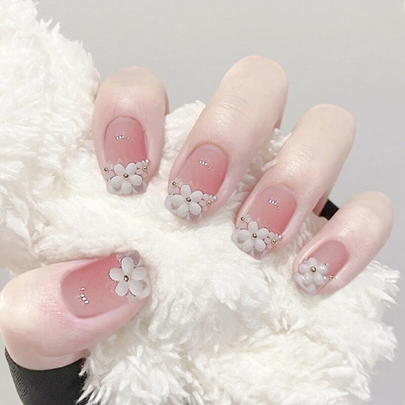24pcs False Nails Floral Beads Decorated Artificial Nail Tips Bride Reusable Fingernails Fake Nail Press On Nail накладные ногти 44