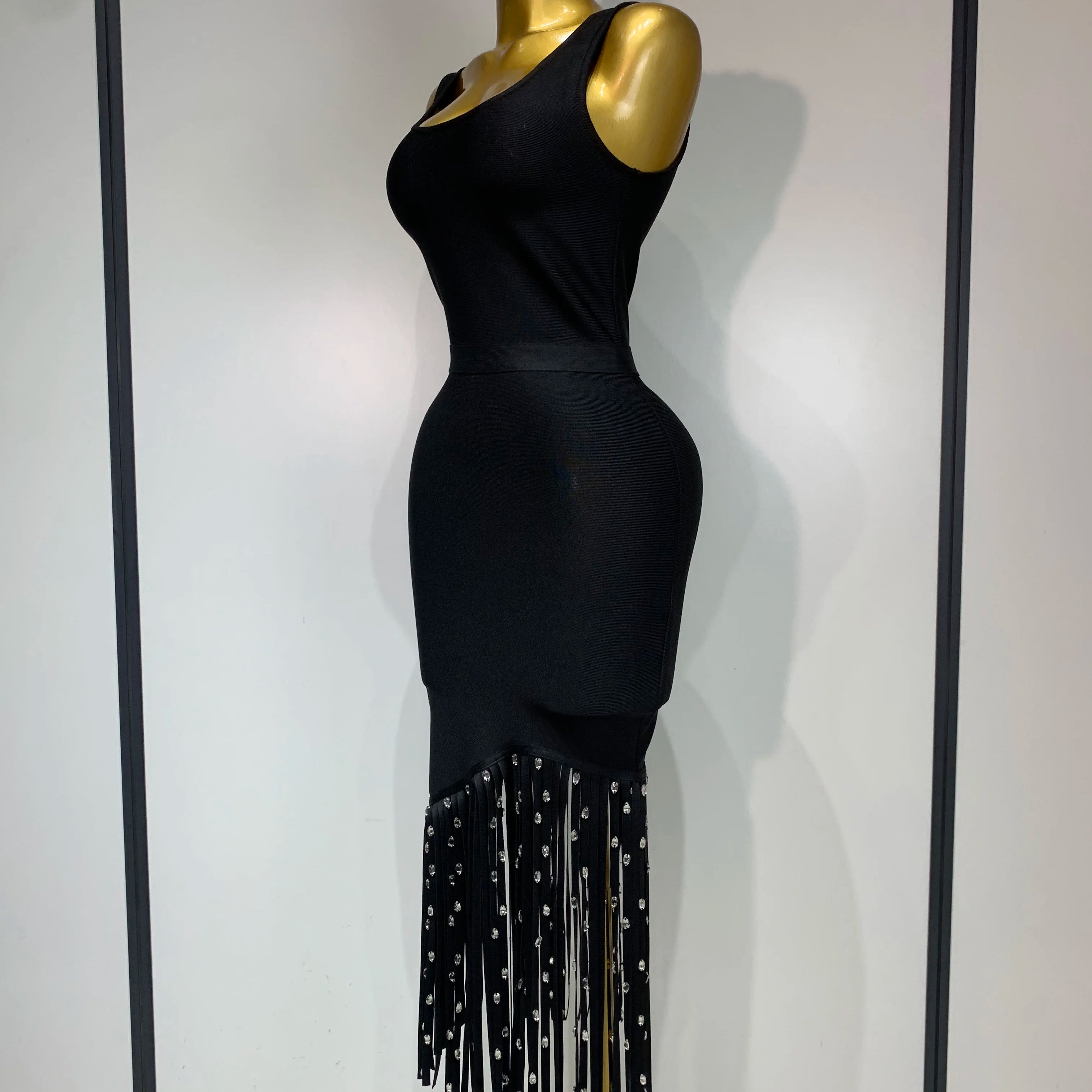 2025 New Fashion Crystal Tassel Temperament Suspender Bodycon Bandage Dress Sexy Midi Evening Party Birthday Dresses Vestidos