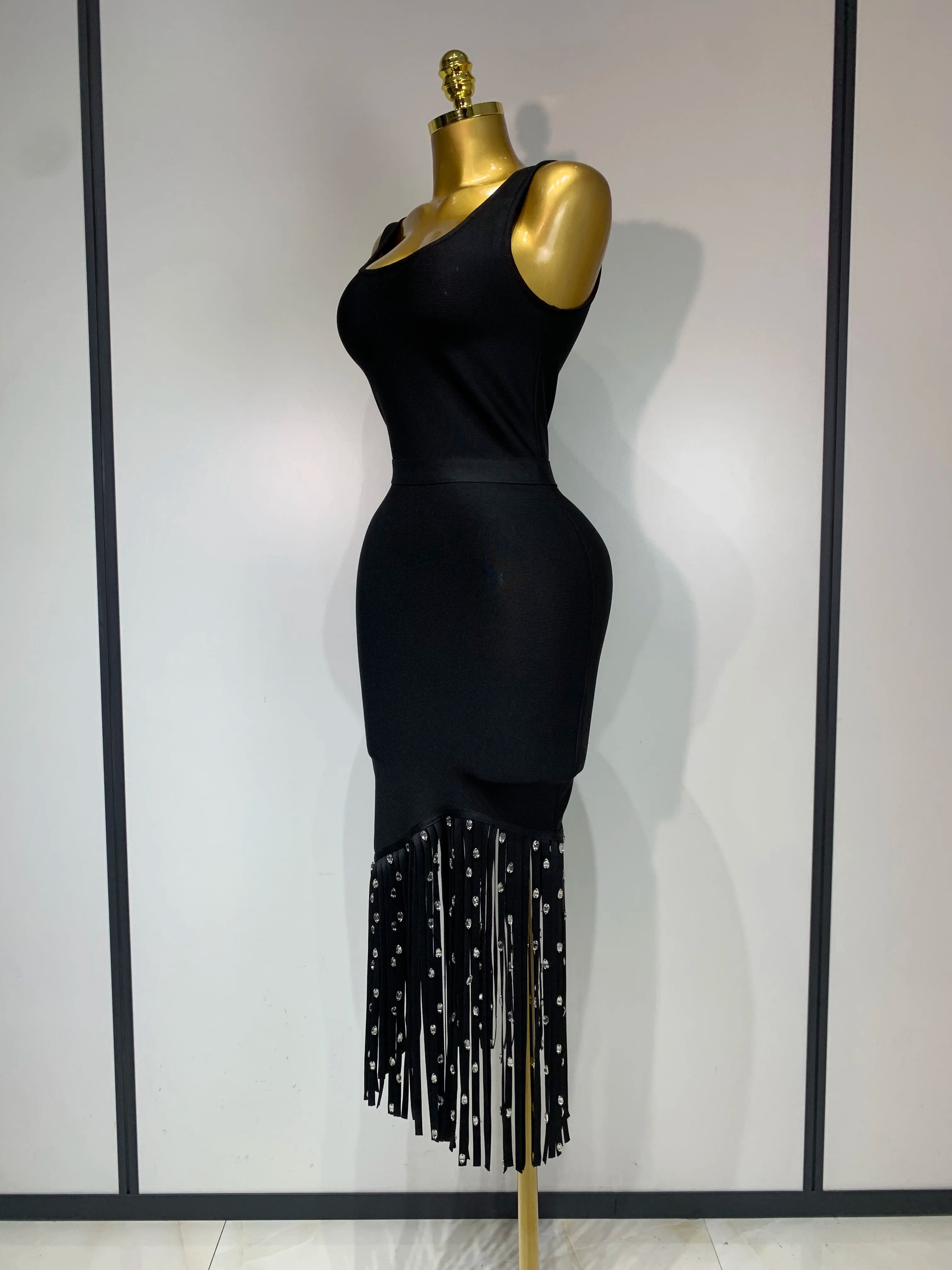 2025 New Fashion Crystal Tassel Temperament Suspender Bodycon Bandage Dress Sexy Midi Evening Party Birthday Dresses Vestidos