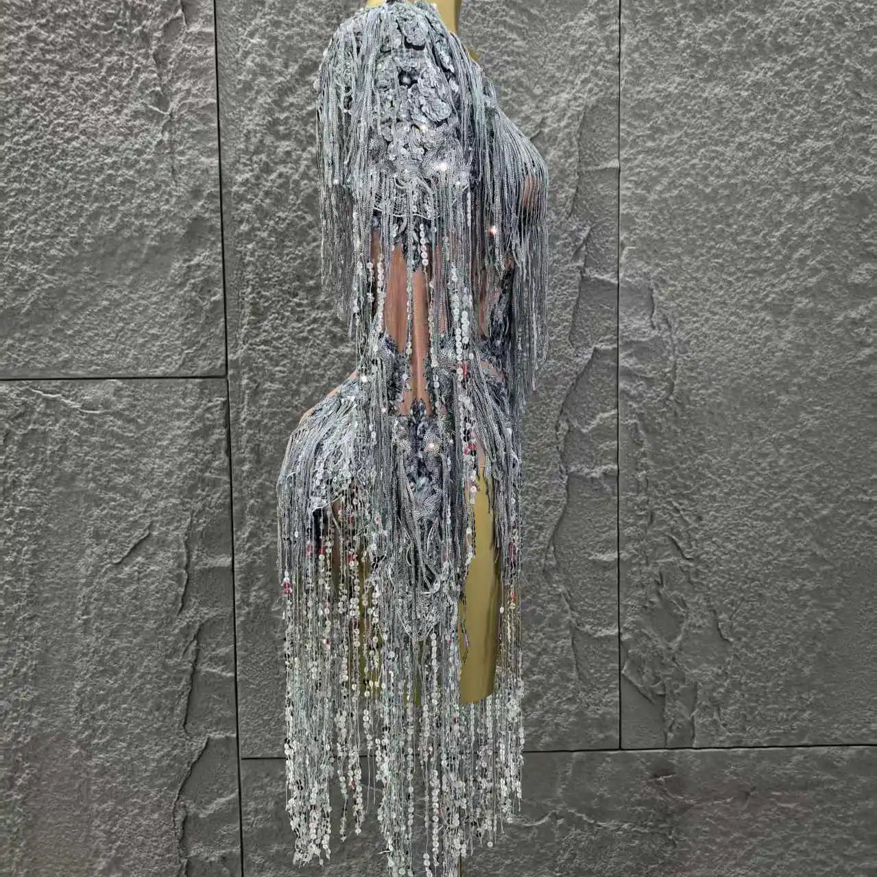 STOCK Women Long Sleeve Sexy V-Neck Bodycon Bodysuit Shinning Sequin Tassel Celebrate Bar Dancer Performance Costume Stage Wear