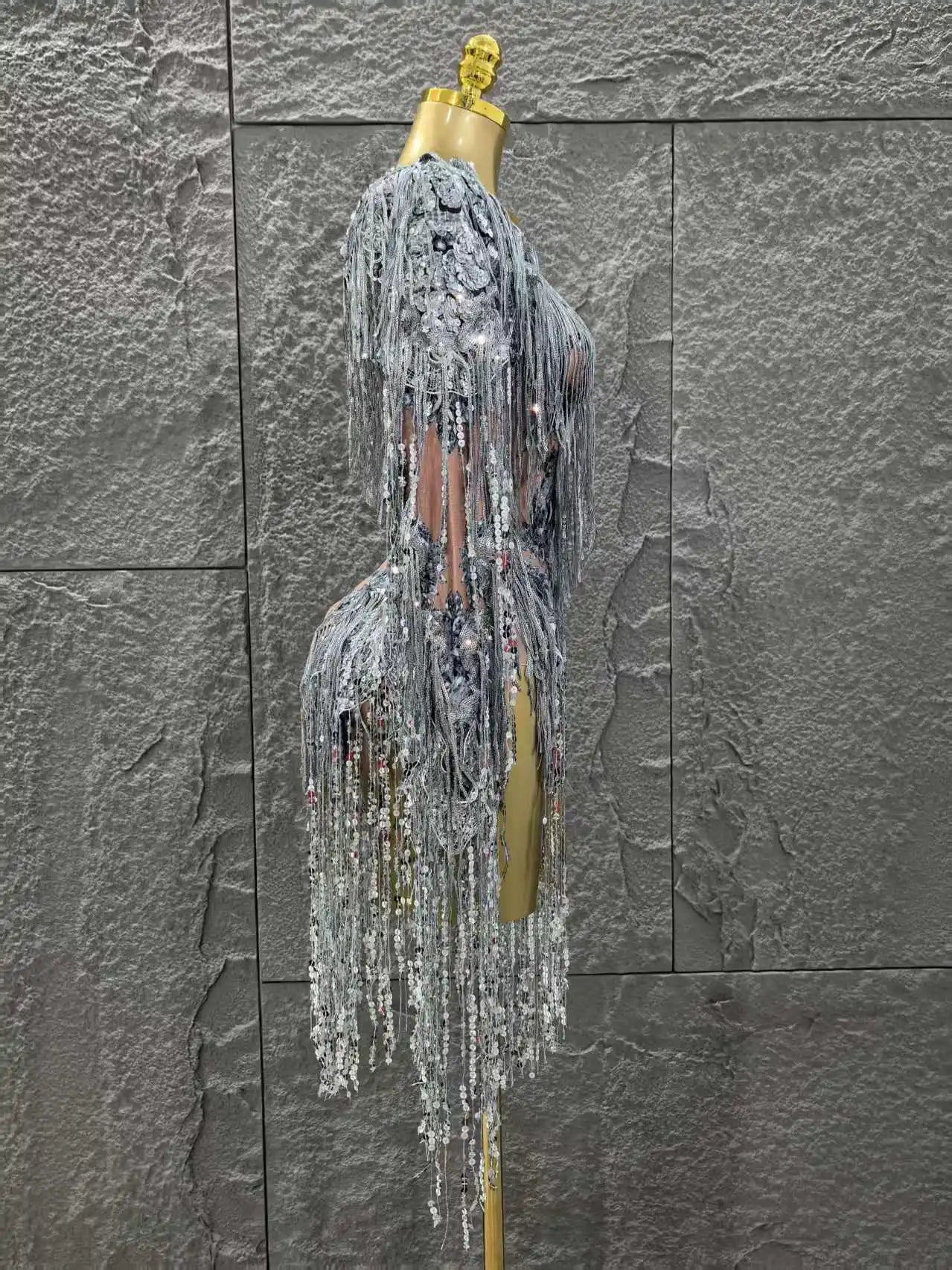 STOCK Women Long Sleeve Sexy V-Neck Bodycon Bodysuit Shinning Sequin Tassel Celebrate Bar Dancer Performance Costume Stage Wear