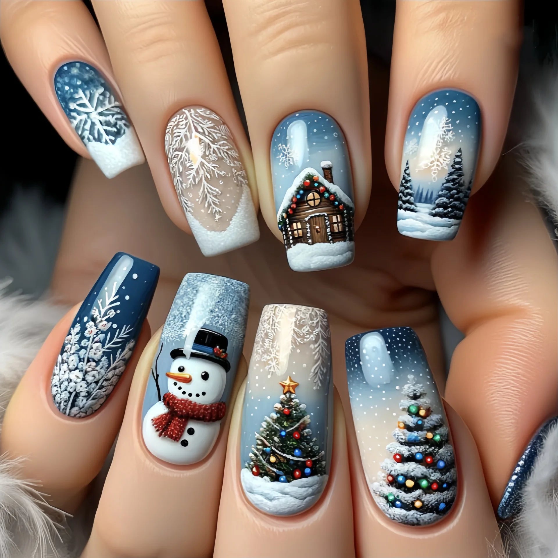 24pcs/set short fake nails for Christmas Square ballet winter false nail tips snow flakes christmas tree snowman press on nails 1602