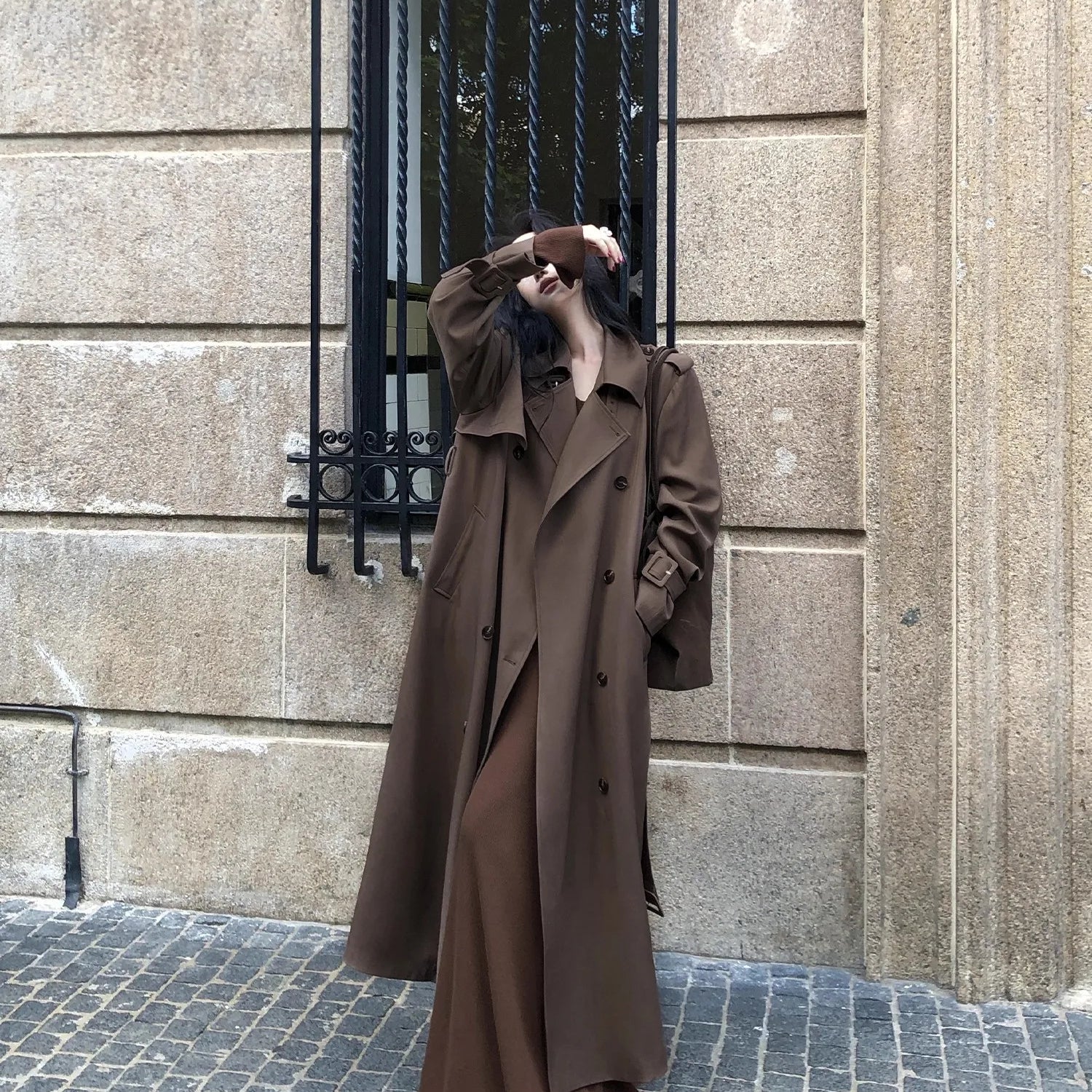 Lautaro Spring Autumn Long Flowy Coffee Trench Coat for Women Belt Double Breasted Loose Casual Overcoat Korean Clothes 2025