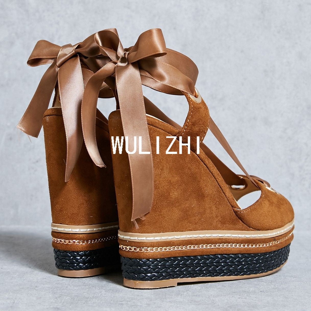 Wedge Metal Chain Strap Sexy Sandals Woman Peep Brown Leather Zipper Platform Heels Cover Open Suede Velvet Noble Shoes Summer