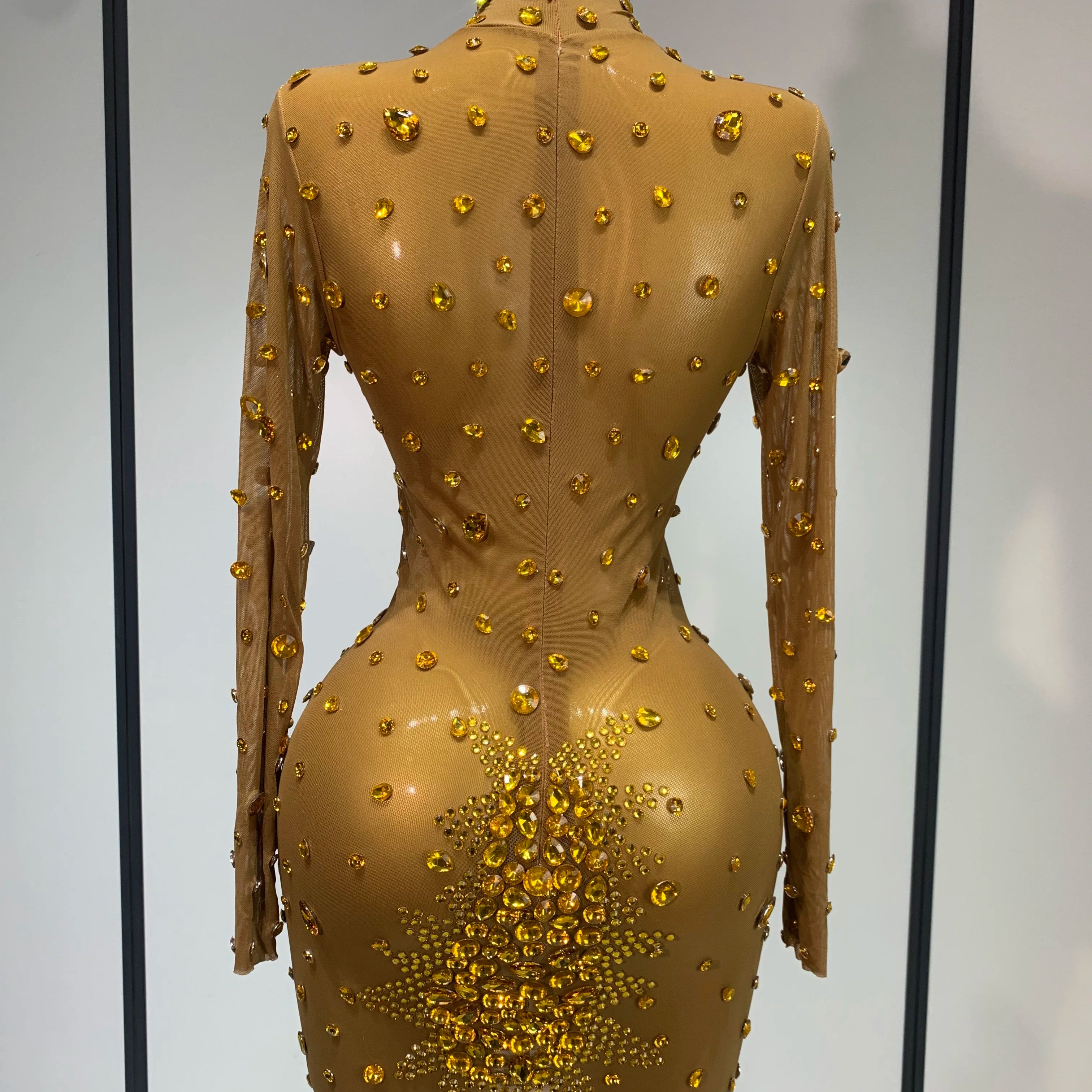 Women Sexy Gold Rhinestones Sparkly See Through Mini Dress Evening Party Fashion Performance Stage Outfit Luxury Birthday Dress