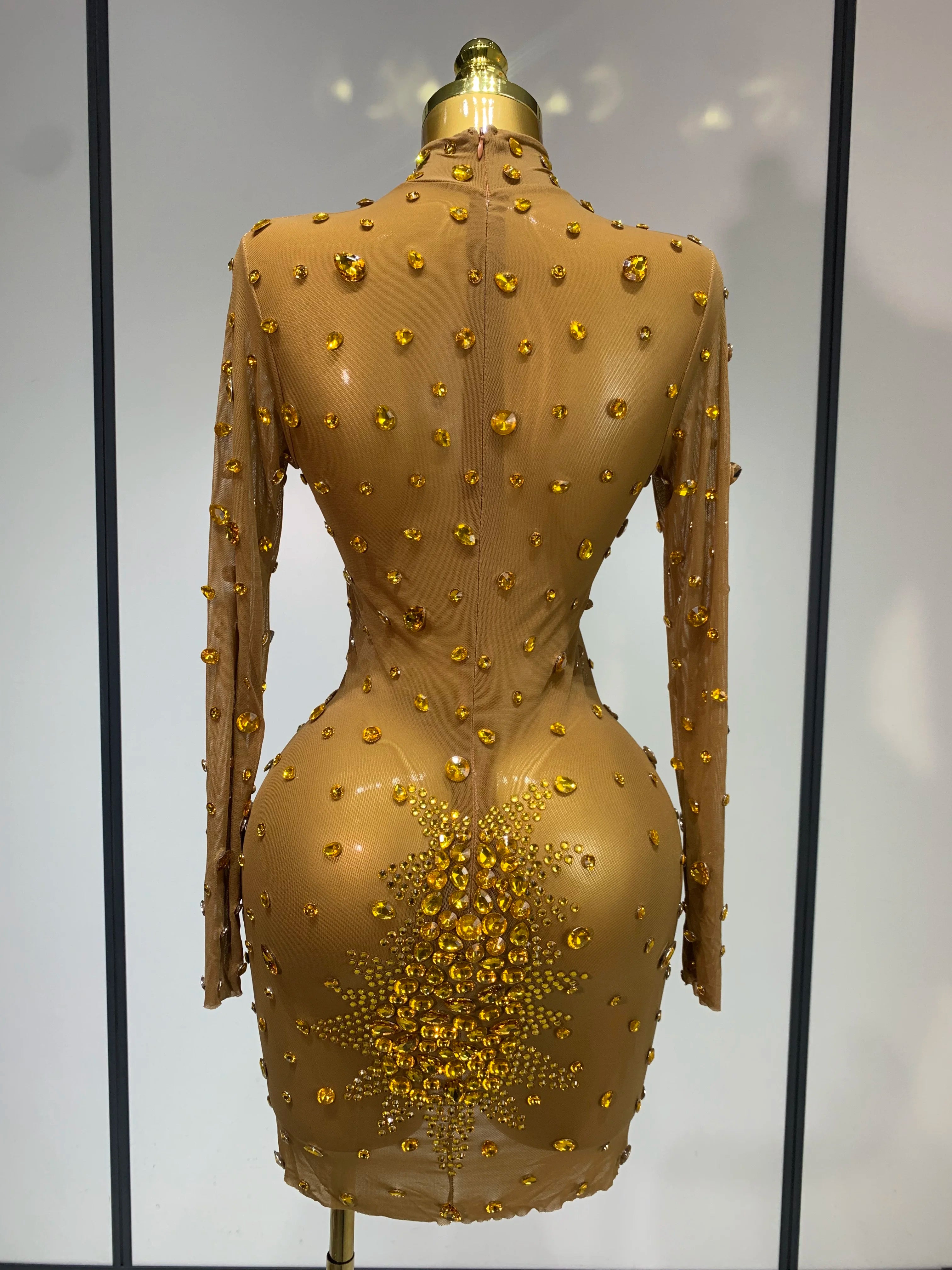 Women Sexy Gold Rhinestones Sparkly See Through Mini Dress Evening Party Fashion Performance Stage Outfit Luxury Birthday Dress