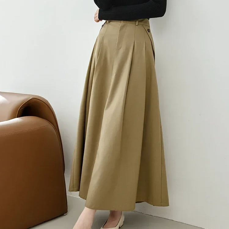 Vimly High Waist Swing Maxi Skirt for Women Spring Solid Elegant Office Lady Khaki A-line Long Skirts Womans Clothing M2689