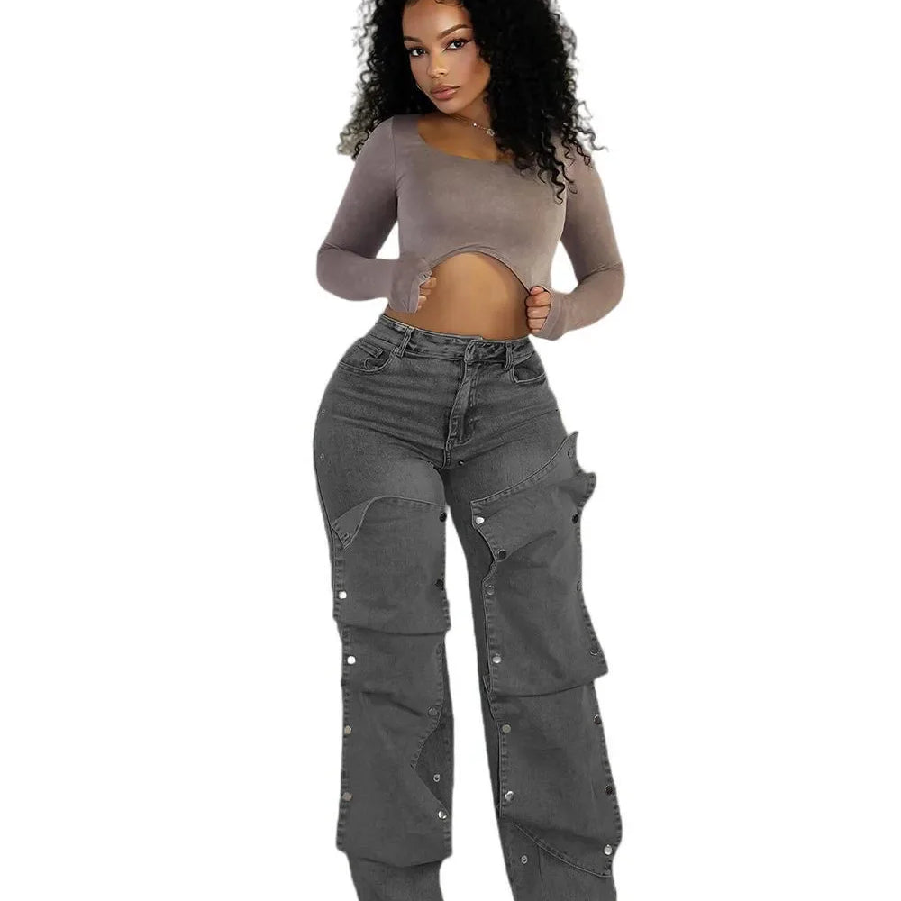 Women Streetwear Button Cutout Cargo Straight Denim Wide Leg Jeans Pants 2024 INS Elastic Fashion Party Cargo Trousers GRAY