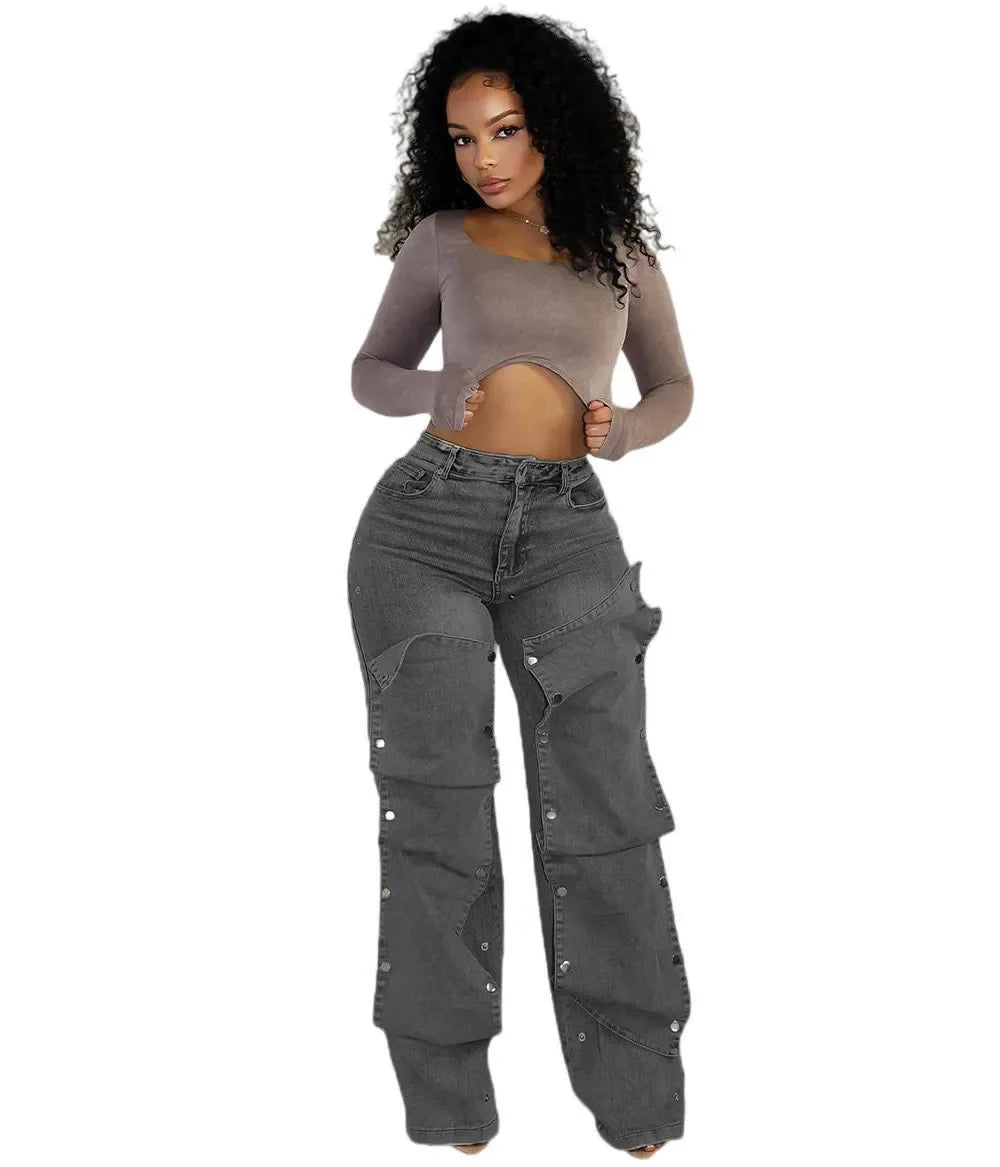 Women Streetwear Button Cutout Cargo Straight Denim Wide Leg Jeans Pants 2024 INS Elastic Fashion Party Cargo Trousers GRAY