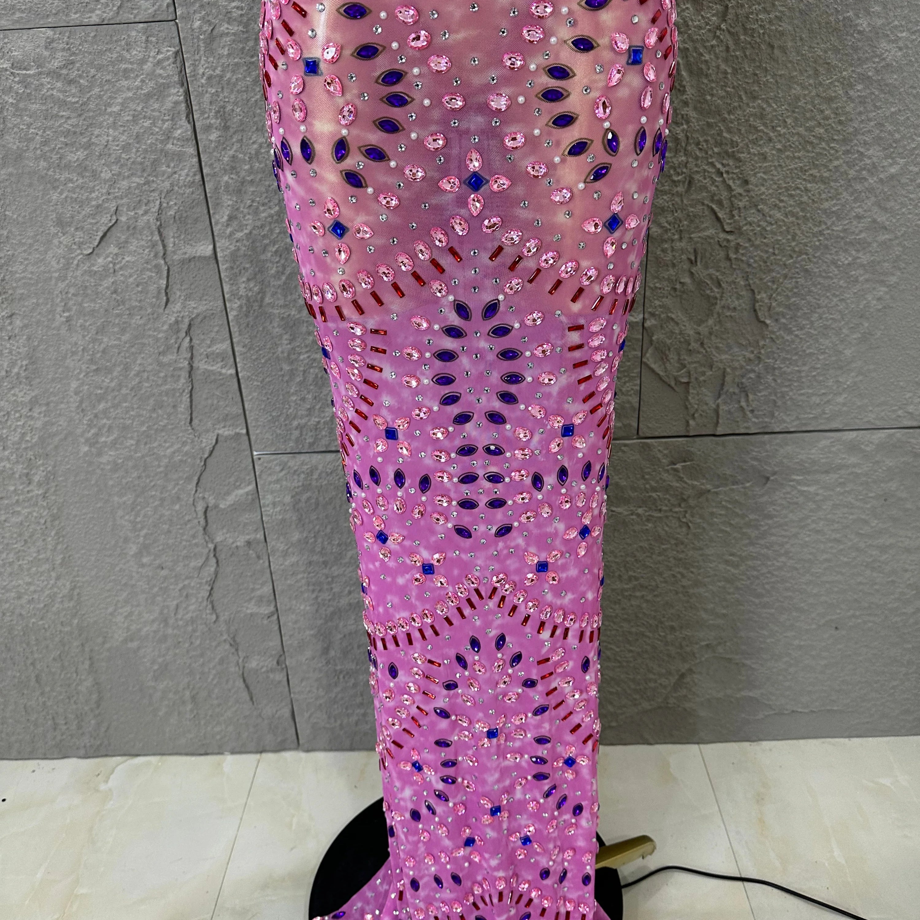 Women Sexy Cutout Full Crystal Embellished Bodycon Mermaid Outfit Sheer Mesh Maxi Dress Stage Performance Evening Party Costume