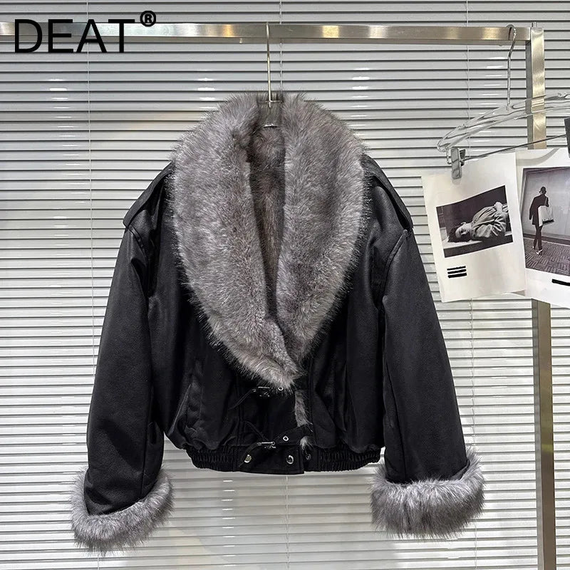 Winter New Fashion Street Style Big Fur Collar PU Leather Jacket For Women Loose With Fur Lining Coat Female 11A07643