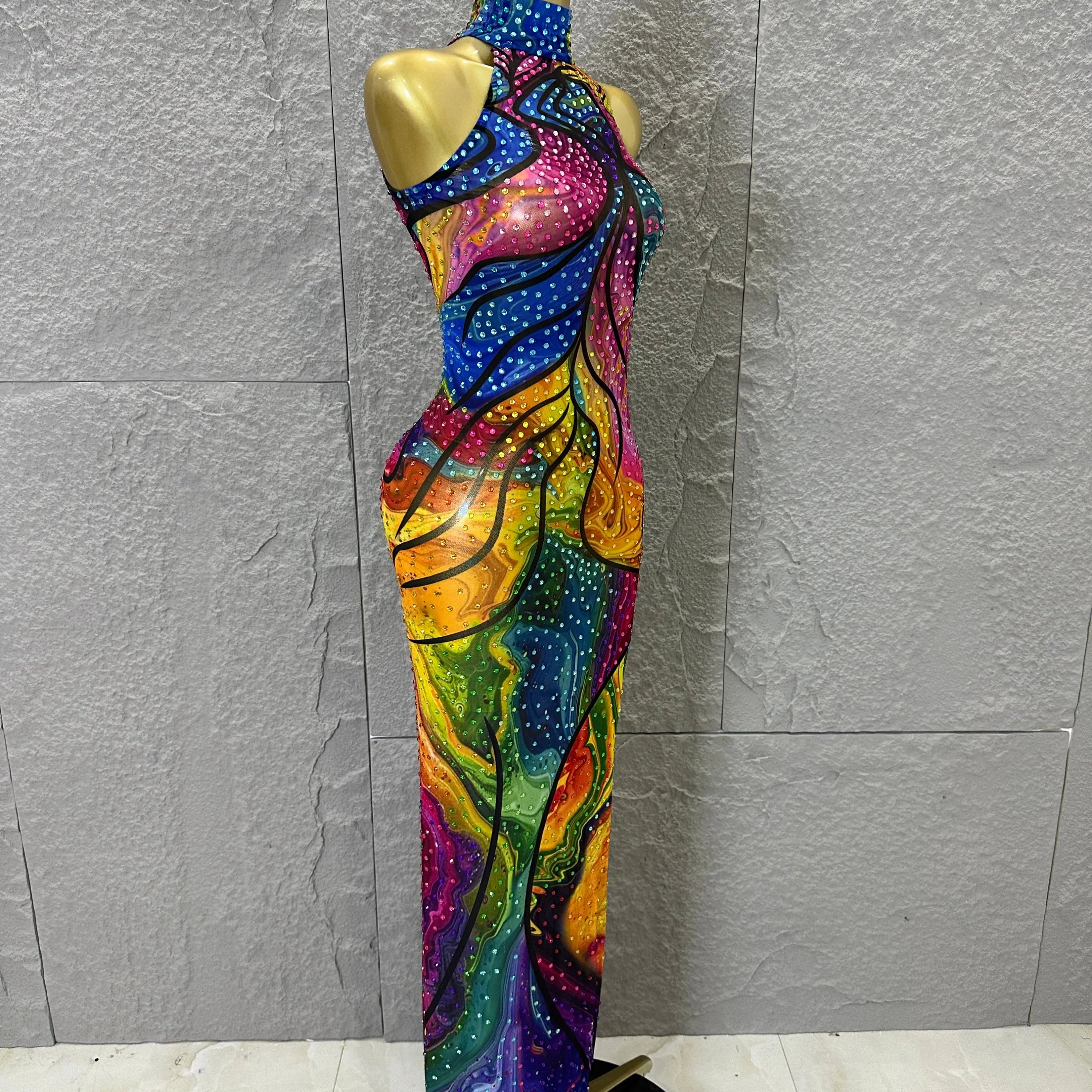Elegant Sheer Mesh Colorful Halter Neck Maxi Dress Women Sexy Crystal High Slit Form-Fitting Evening Party Formal Event Dress