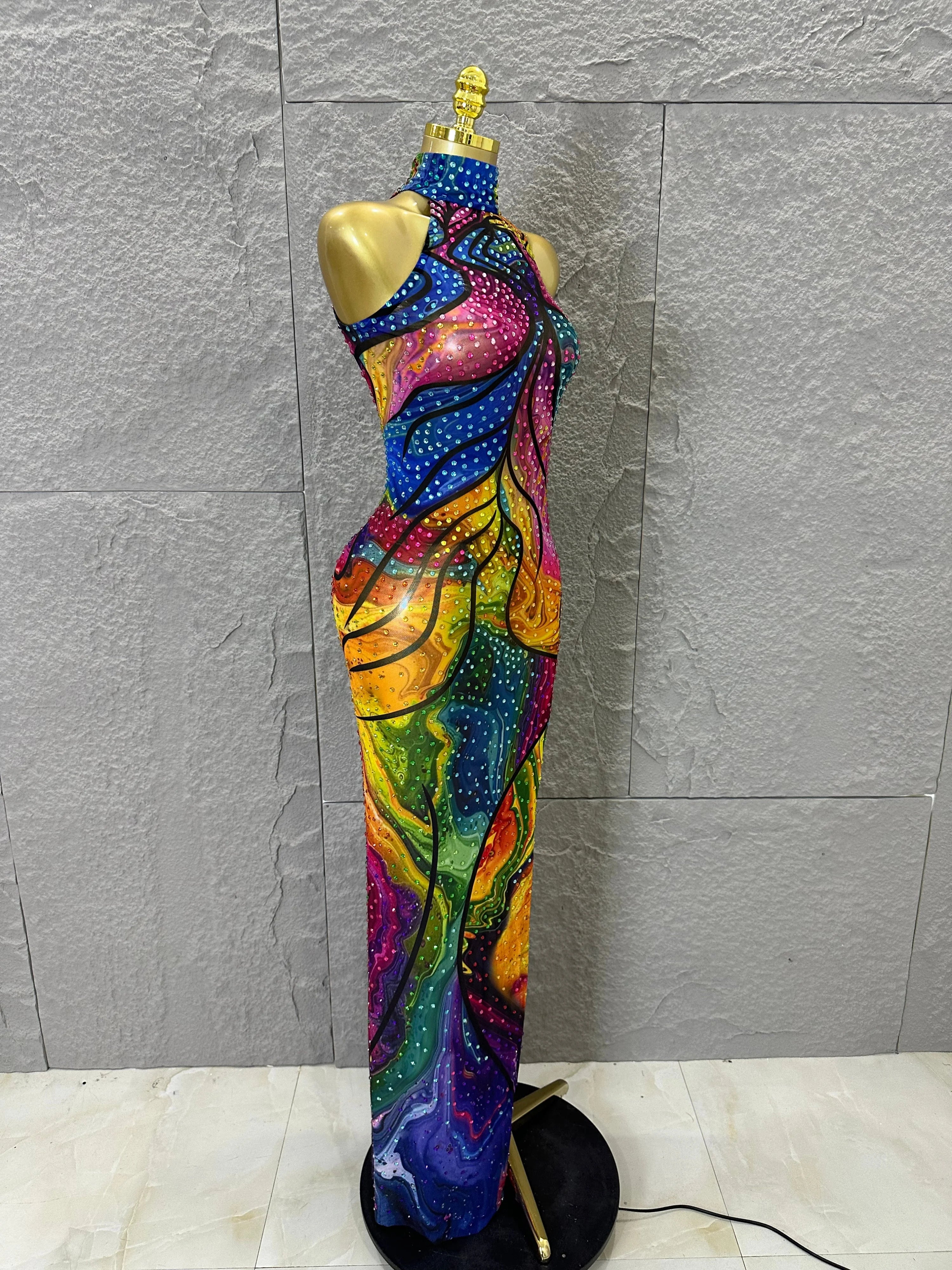Elegant Sheer Mesh Colorful Halter Neck Maxi Dress Women Sexy Crystal High Slit Form-Fitting Evening Party Formal Event Dress
