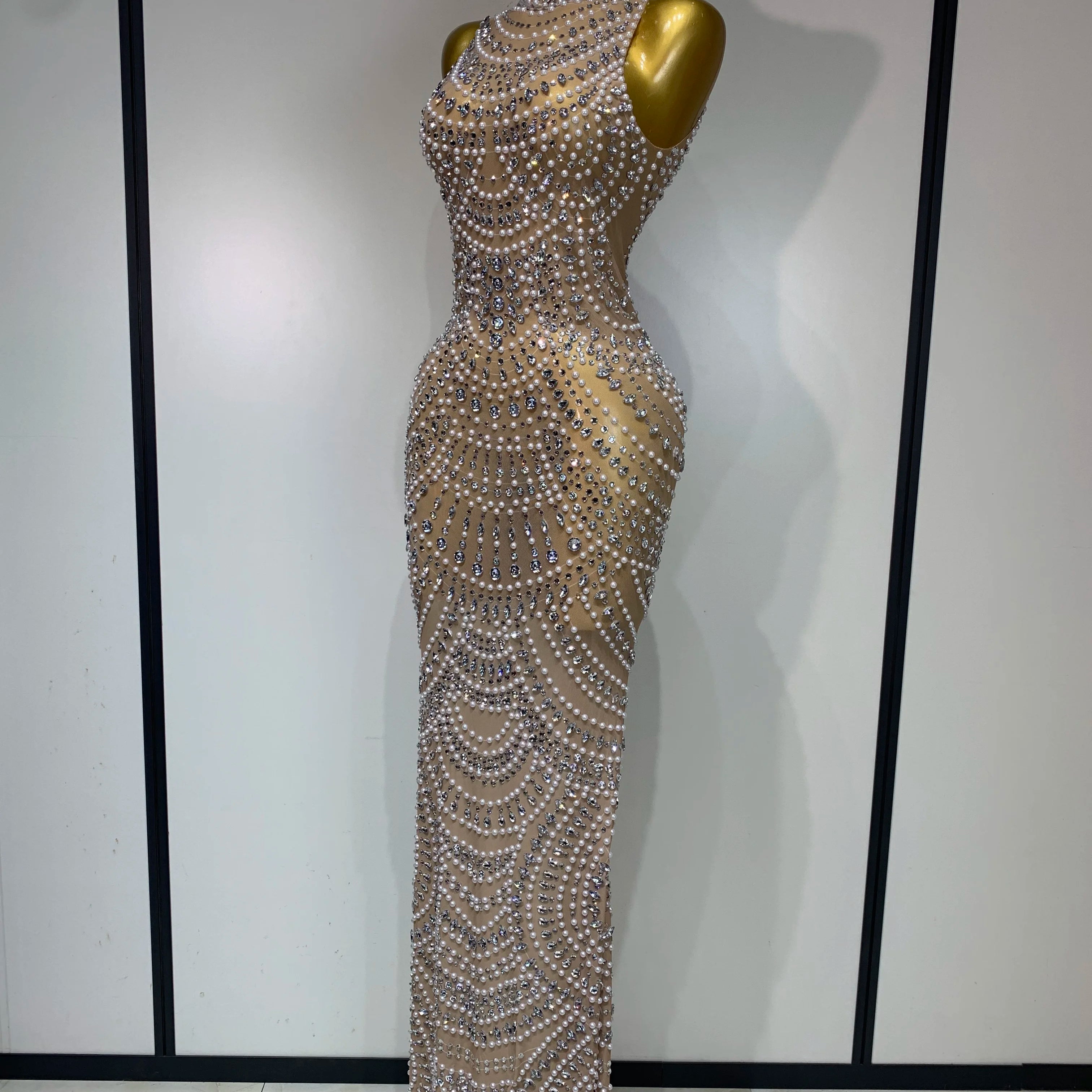 Elegant Sexy Sparkly Pearl Rhinestone Sleeveless Long Dress Women Birthday Party Evening Prom Wedding Luxury Photoshoot Outfits