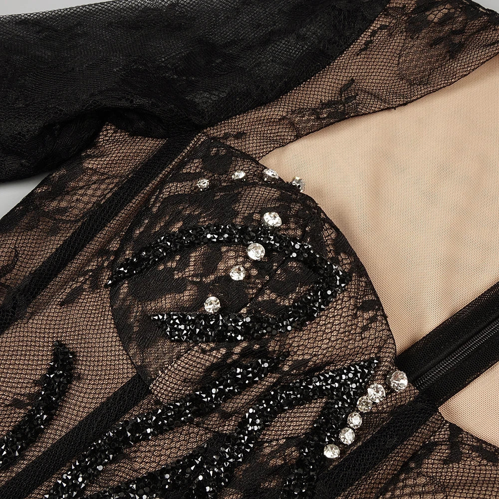 Elegant Sexy Black Sequins Pearl Lace-Sheer Long Sleeves Mermaid Dress for Formal Event Dinner Gown