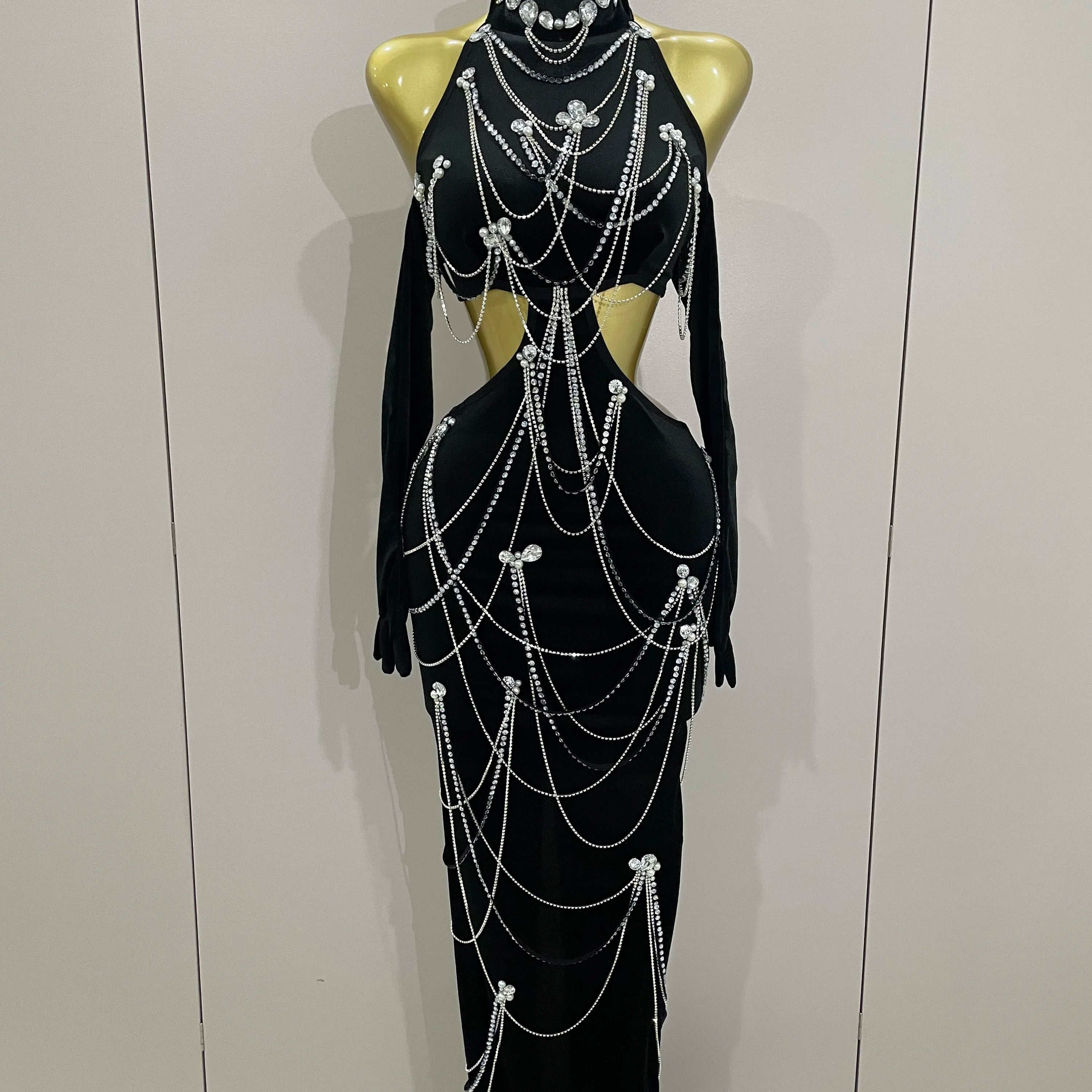 2025 Women Sparkly Diamonds Tassels Chain Balck Sexy Halter Backless Long Dress Evening Birthday Party Celebrate Stage Costume black