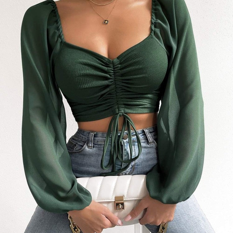 Sexy V-neck Women T Shirt Casual Drawstring Crop Tops Tee Ladies Blusas Summer Short Tshirt Woman Clothes Long Sleeve T Shirt Green