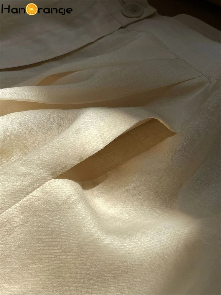 HanOrange Summer Lazy Linen Casual Knee Length Pants Women Loose Thin Anti-transparent A-line Profile Five Cents Trousers