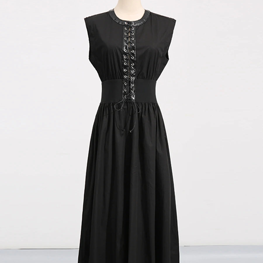Solid Slimming Spliced Lace Up Elegant Dresses for Women Round Neck Sleeveless Patchwork Folds Dress Female Fashion BLACK