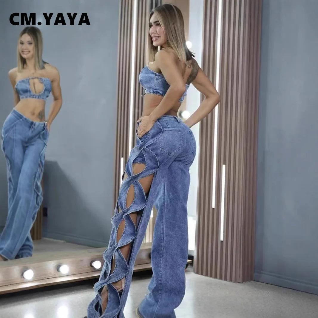 Women Streetwear Cutout Hollow Out Criss Cross Side Wide Leg Blue Denim Pants 2025 Fashion Sexy Party Jeans Trousers
