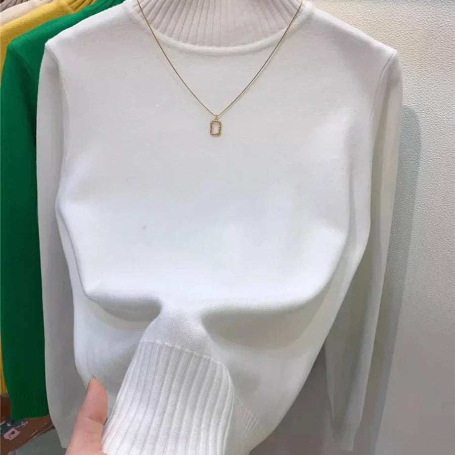 Candy Color Half Turtleneck Sweater Pullover Women Fall Winter Slim Soft Knitwear Jumper Korean Casual Warm Knit Long Sleeve Top WHITE