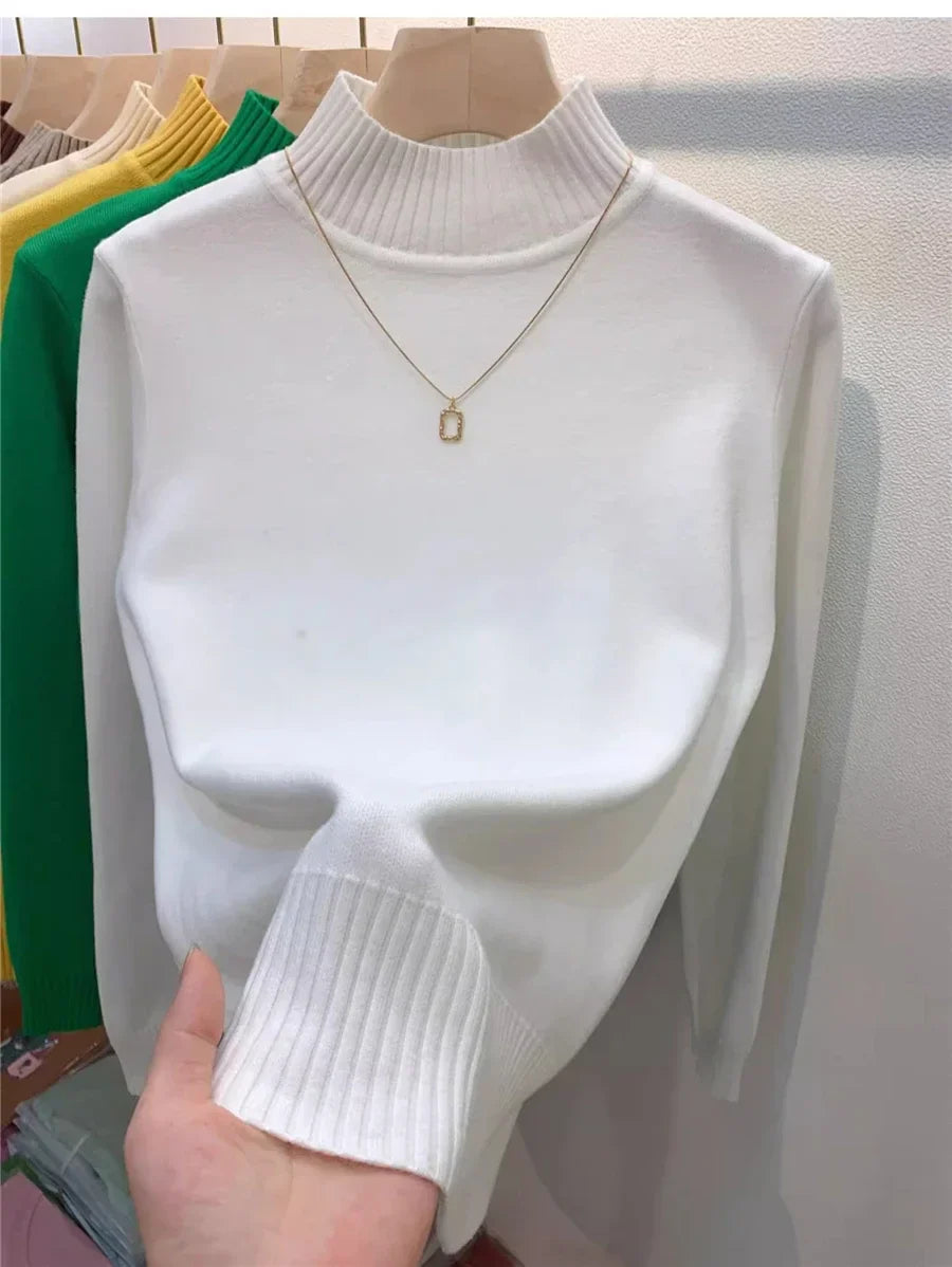 Candy Color Half Turtleneck Sweater Pullover Women Fall Winter Slim Soft Knitwear Jumper Korean Casual Warm Knit Long Sleeve Top WHITE