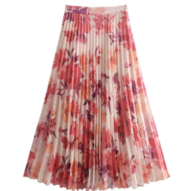 Aonibeier Summer Women Printed Suits Traf Wrist Sleeve V Neck Casual Shirt Female Pleated Maxi Long Skirt Sets Y2K Street One Piece Skirt