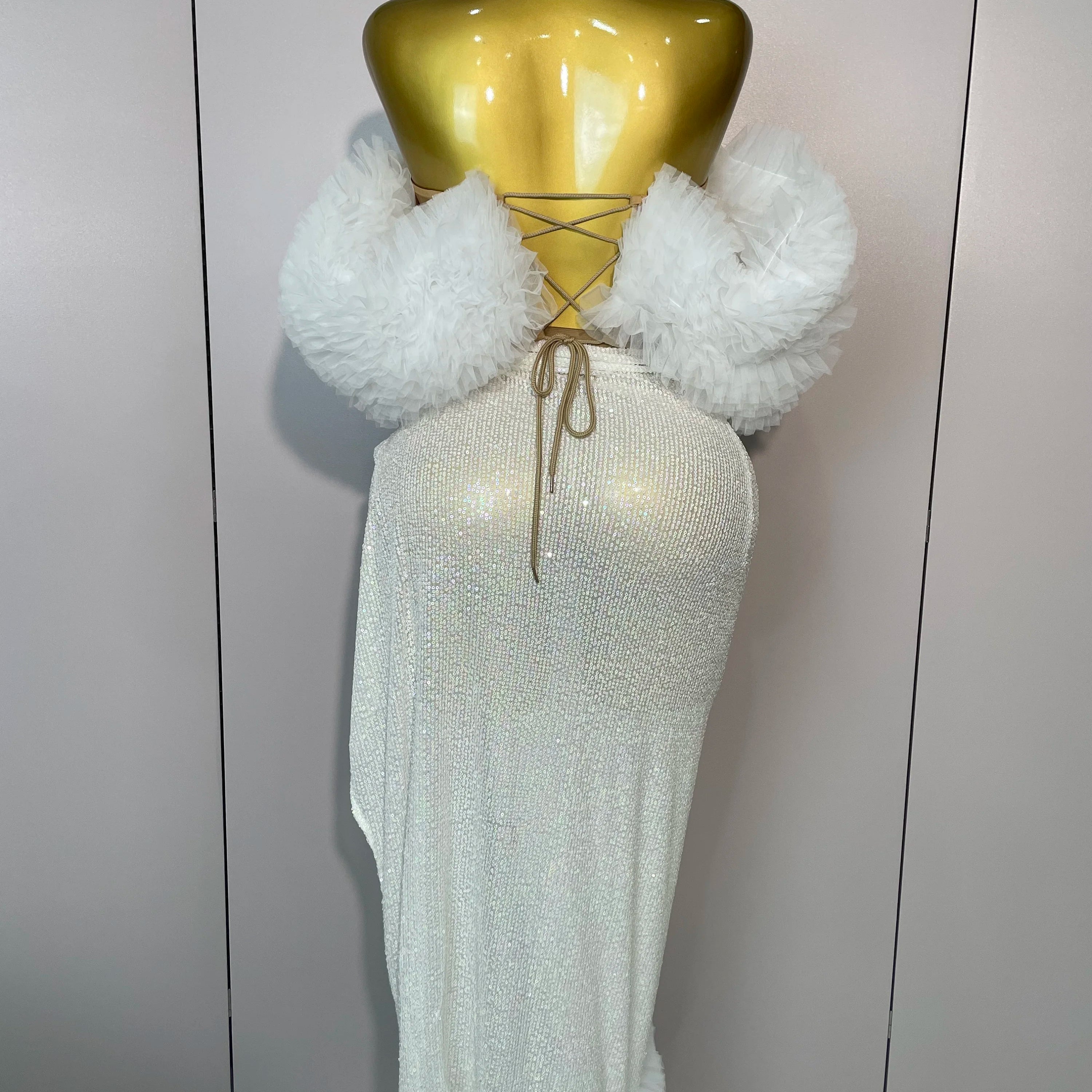 2025 Women White Sequins Top Short Skirt Two Pieces Set Sexy Celebrate Evening Prom Birthday Dress Nightclub Stage Outfit