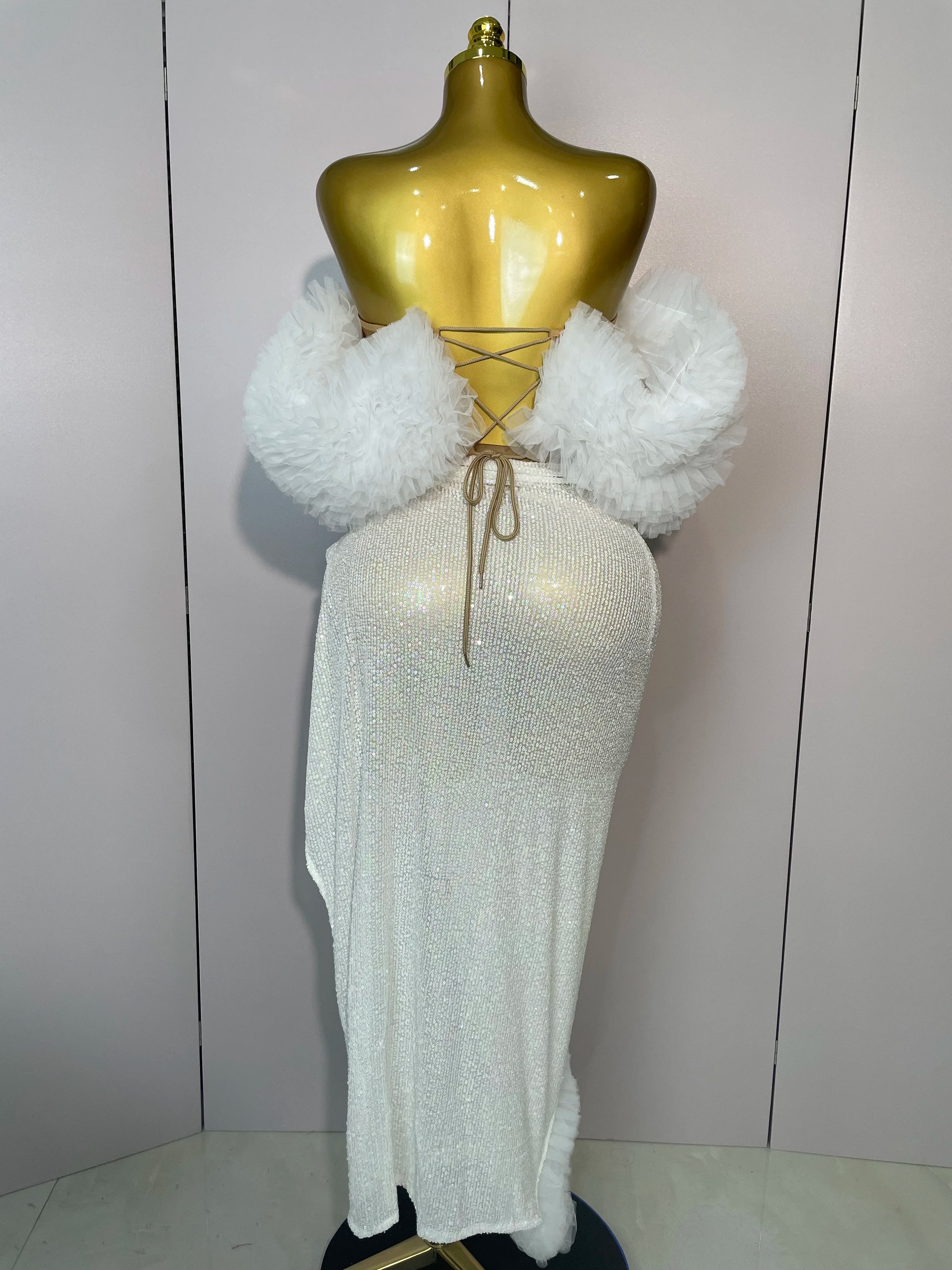 2025 Women White Sequins Top Short Skirt Two Pieces Set Sexy Celebrate Evening Prom Birthday Dress Nightclub Stage Outfit