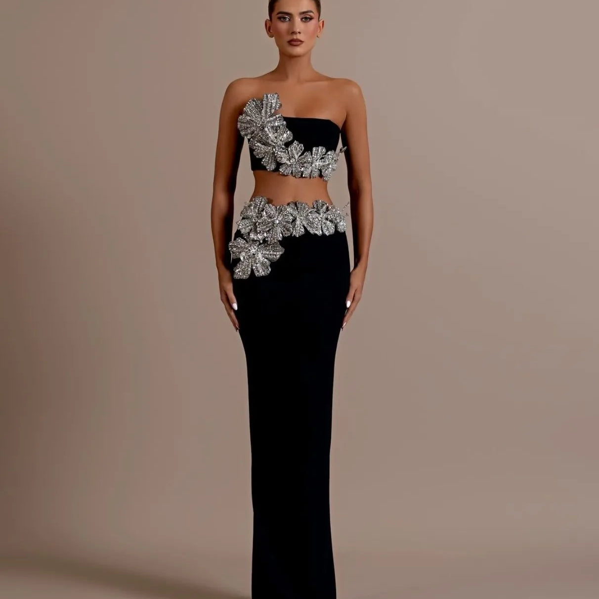 2024 Luxury Dazzling Diamond Flowers Short Strapless Top And Ankle Length Skirt 2 Pieces Woman Set Celebrity Party Vestido