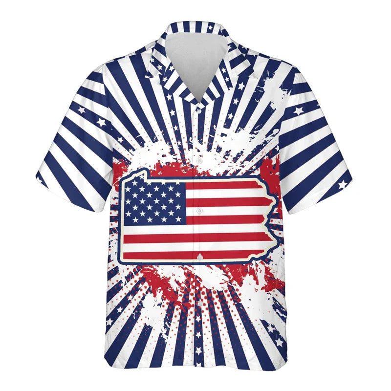 USA California Virginia Michigan Map Flag Graphic Shirts For Men Clothes America Florida Patriotic Lapel Blouse Male Shirt Tops Shirts-SZF39663