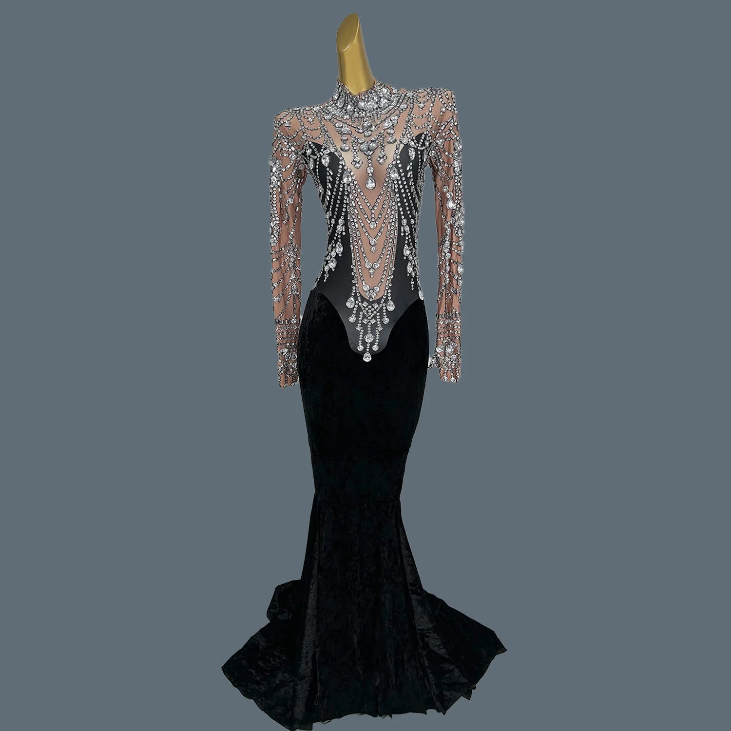 Elegant Gold Crystal Velvet Birthday Wedding Party Dress Ladies Trailing Ball Evening Gown Women Prom Mermaid Dresses Sirongqun Silver One Size