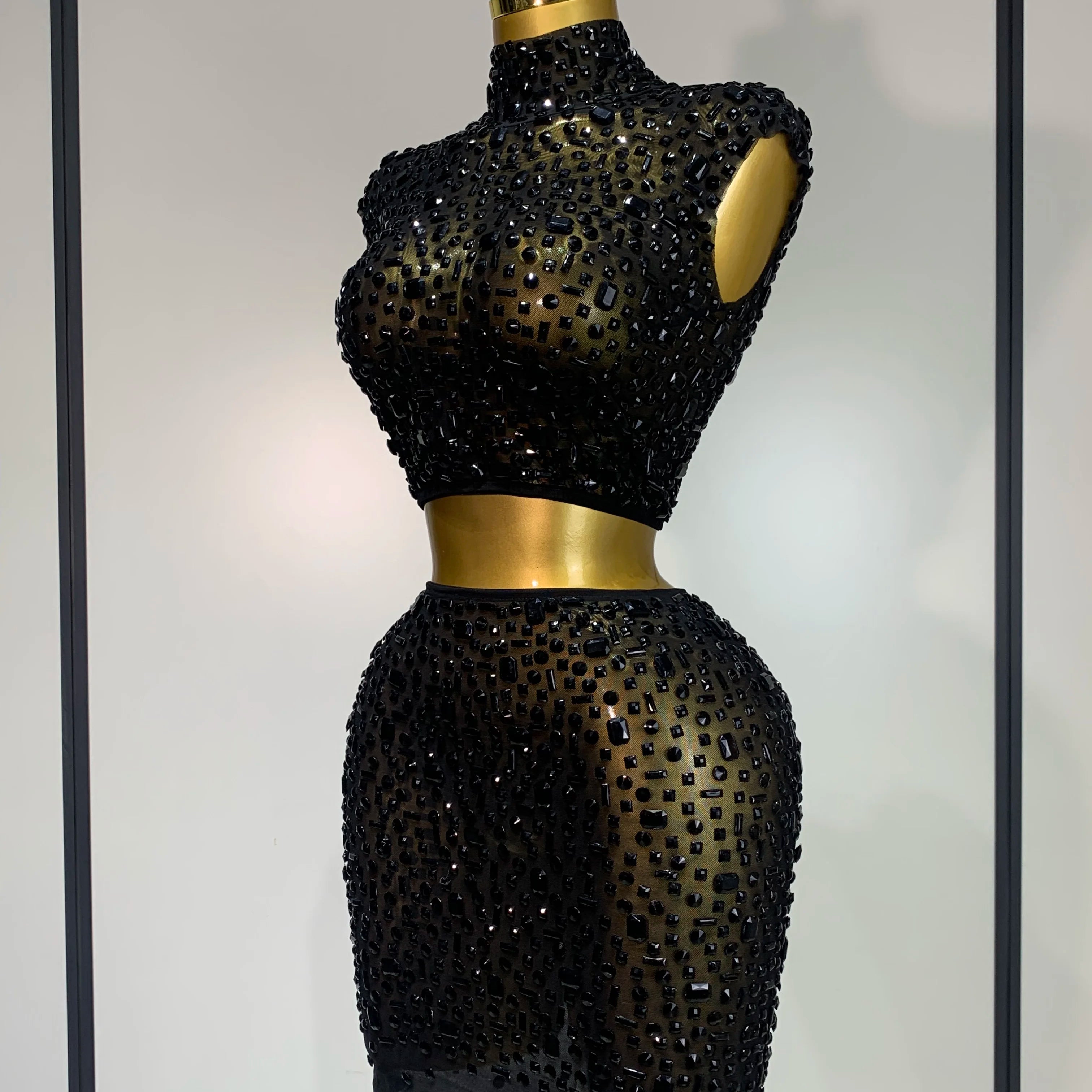 Luxury Rhinestone Mesh See Through Celebrate Birthday Dress Sparkly Top Short Skirt Two Pieces Sets Performance Stage Costume