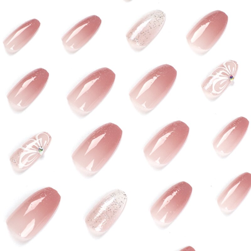 Wholesale 24Pcs/Set Wearable Pink Press On Fake Nails Tips Butterfly Gradual Shining Pink Pure Water Diamond Nail Wearing Parts