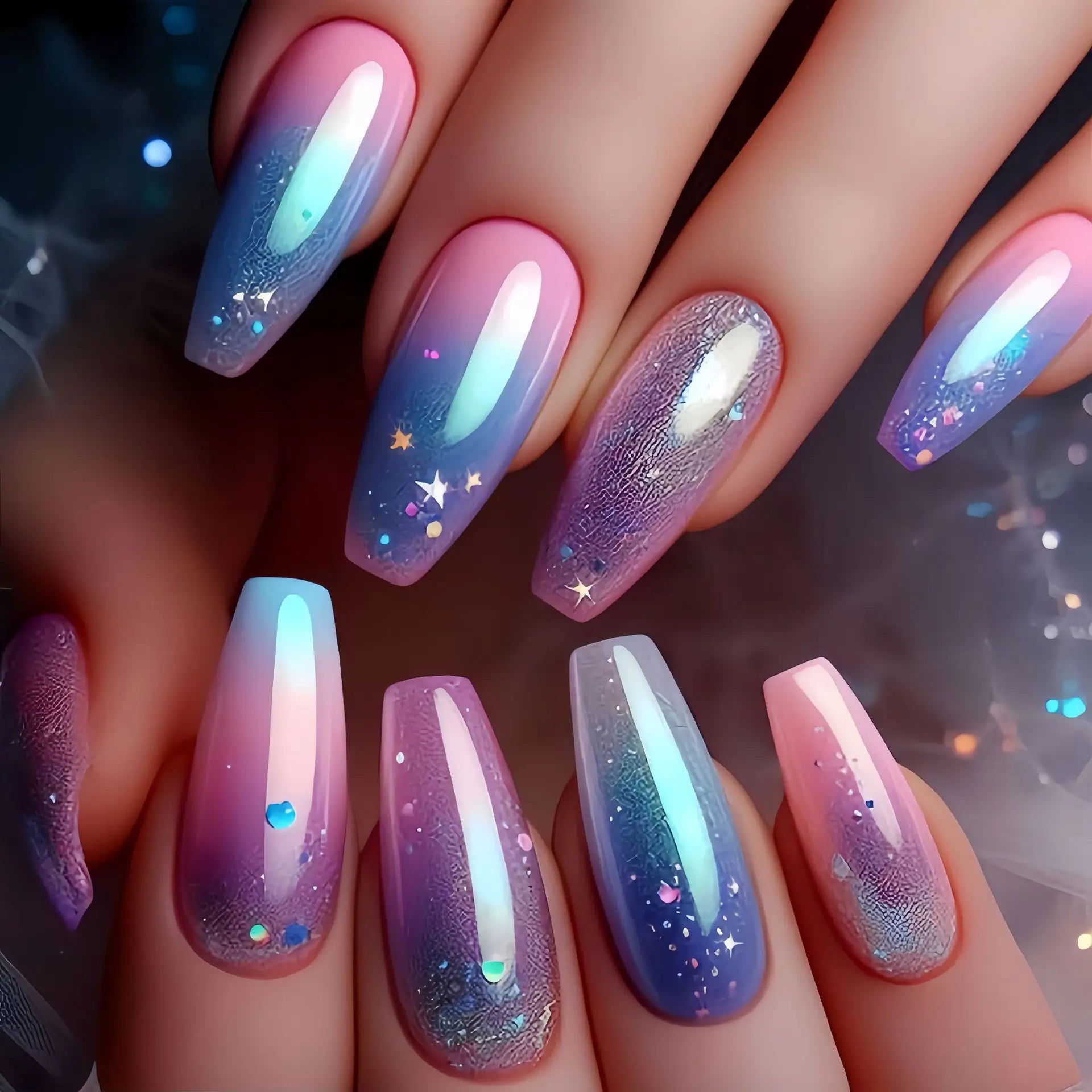 24pcs Romantic Sky Press on Nail Pink Purple Gradient Starry Sky False Nails Wearable European Square Head Fake Nails for Women 3