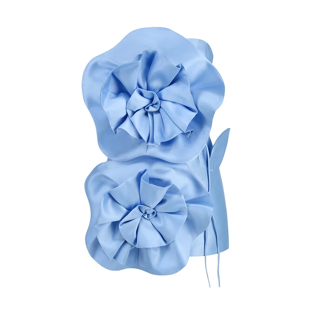 New sexy bra decoration flower dress, Women's temperament back tiedesign party ceremonial dress dress Light Blue