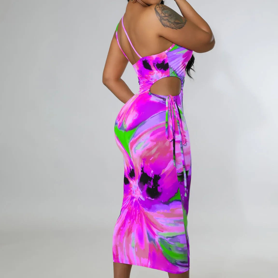 2022 Tie Dye Summer Womem Bodycon Bandage Spaghetti Strap Skew Neck Sleeveless Midi Dress Sexy Party Evening Club Dress