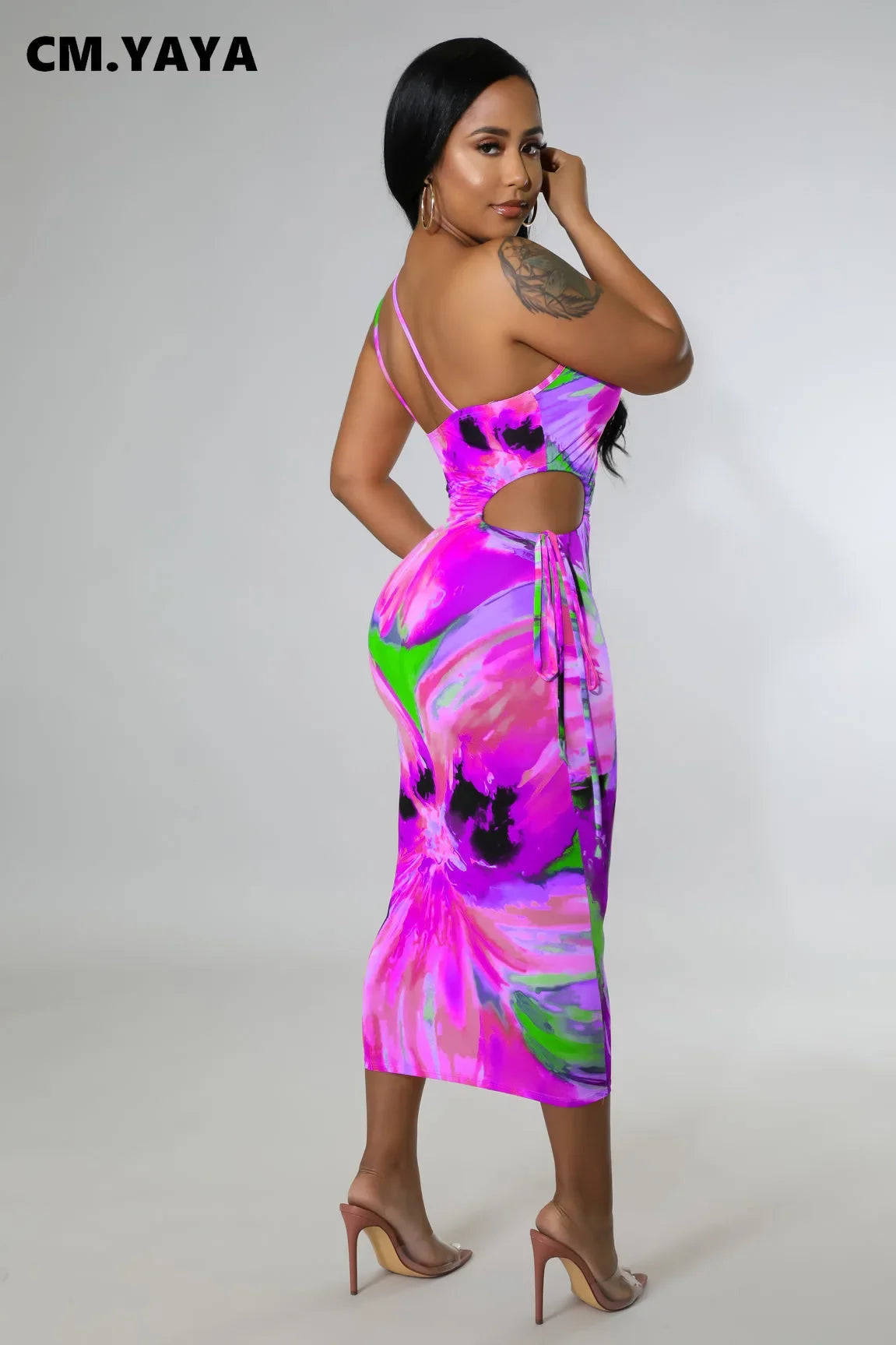 2022 Tie Dye Summer Womem Bodycon Bandage Spaghetti Strap Skew Neck Sleeveless Midi Dress Sexy Party Evening Club Dress