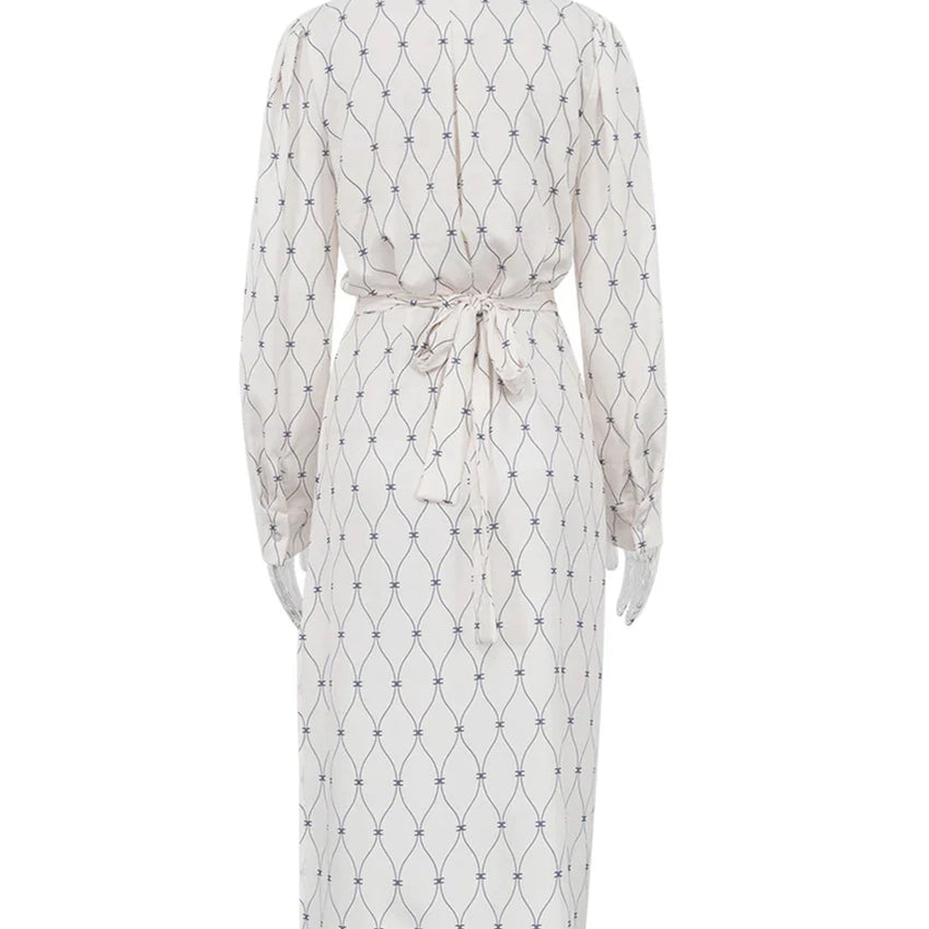 Clacive Fashion Loose Print Women'S Dress Casual Lapel Long Sleeve Midi Dresses Elegant Classic Lace-Up Slit Female Dress