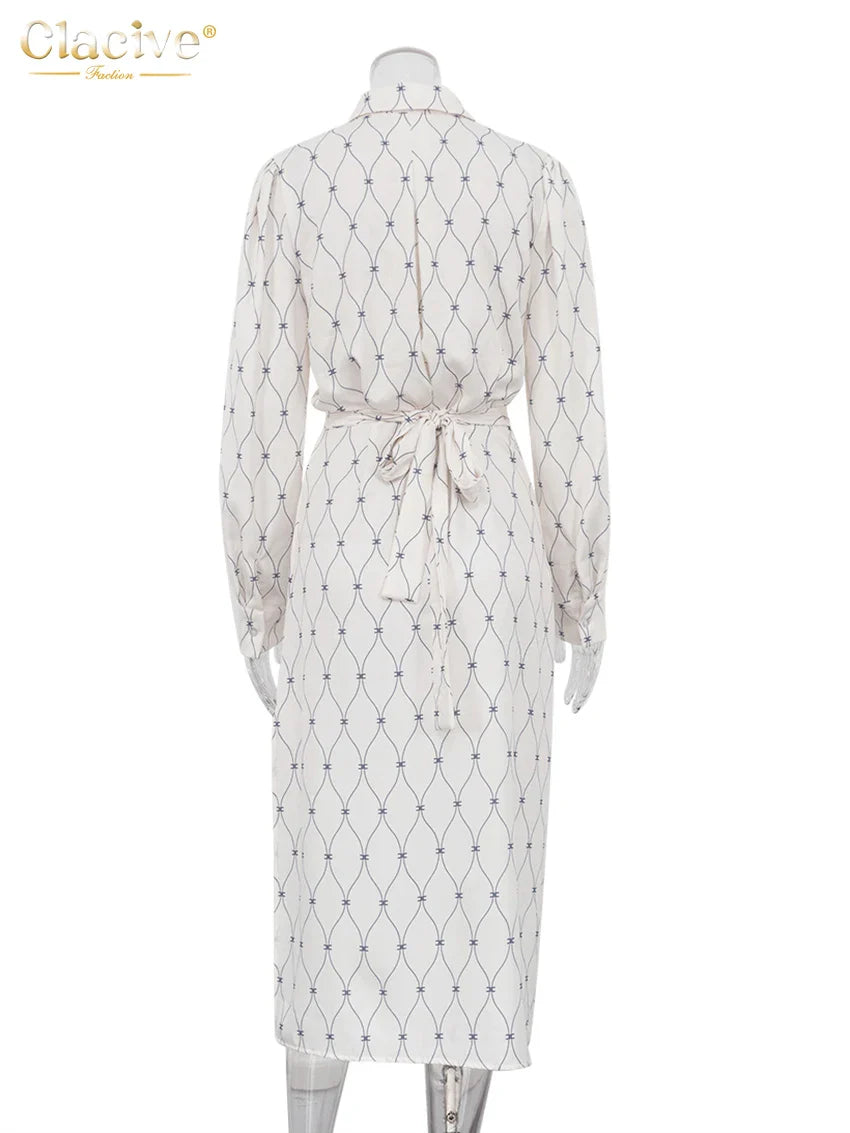 Clacive Fashion Loose Print Women'S Dress Casual Lapel Long Sleeve Midi Dresses Elegant Classic Lace-Up Slit Female Dress