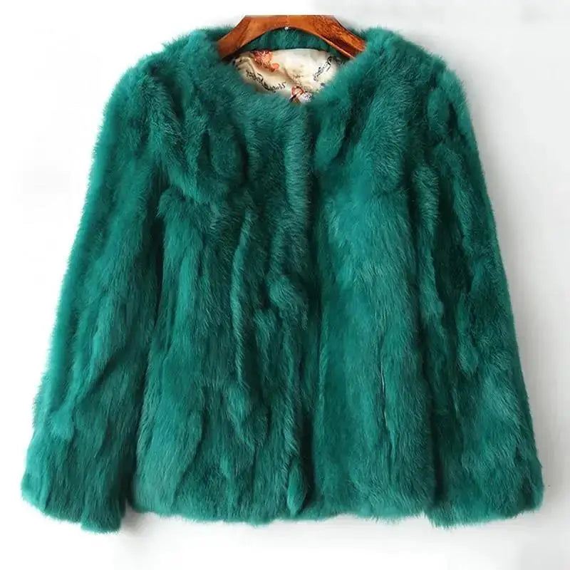 2025 New Women's Real Rabbit Fur Coat High-waist Round Collar Cardigan Long-sleeved Slim Fit Rabbit Jacket Women Fashion Coat