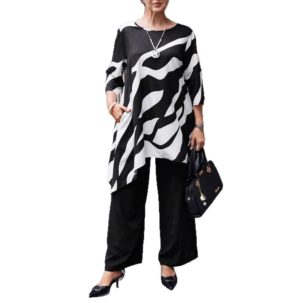 2 Piece Women Sets 2025 Plus Size Summer Matching Sets Print Two Pieces Sets Top And Pants Suits Outfits Clothing black