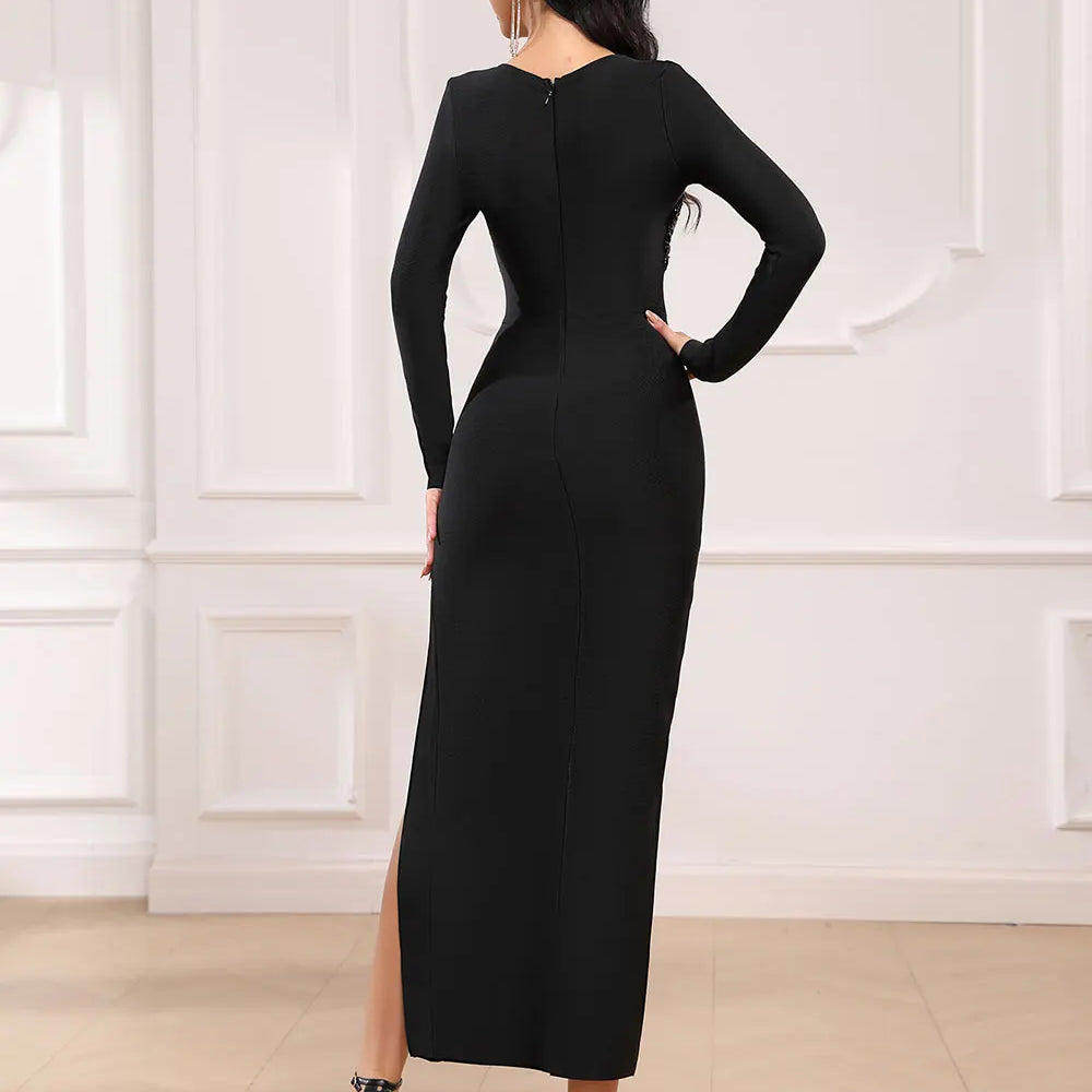 2025 Sexy Women'S Light Luxury Nail Bead Bandage Dresses V-Neck Long Sleeved Hollow Design Bodycon Split Length Dress Vestidos