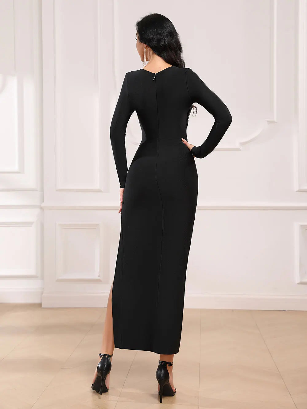 2025 Sexy Women'S Light Luxury Nail Bead Bandage Dresses V-Neck Long Sleeved Hollow Design Bodycon Split Length Dress Vestidos