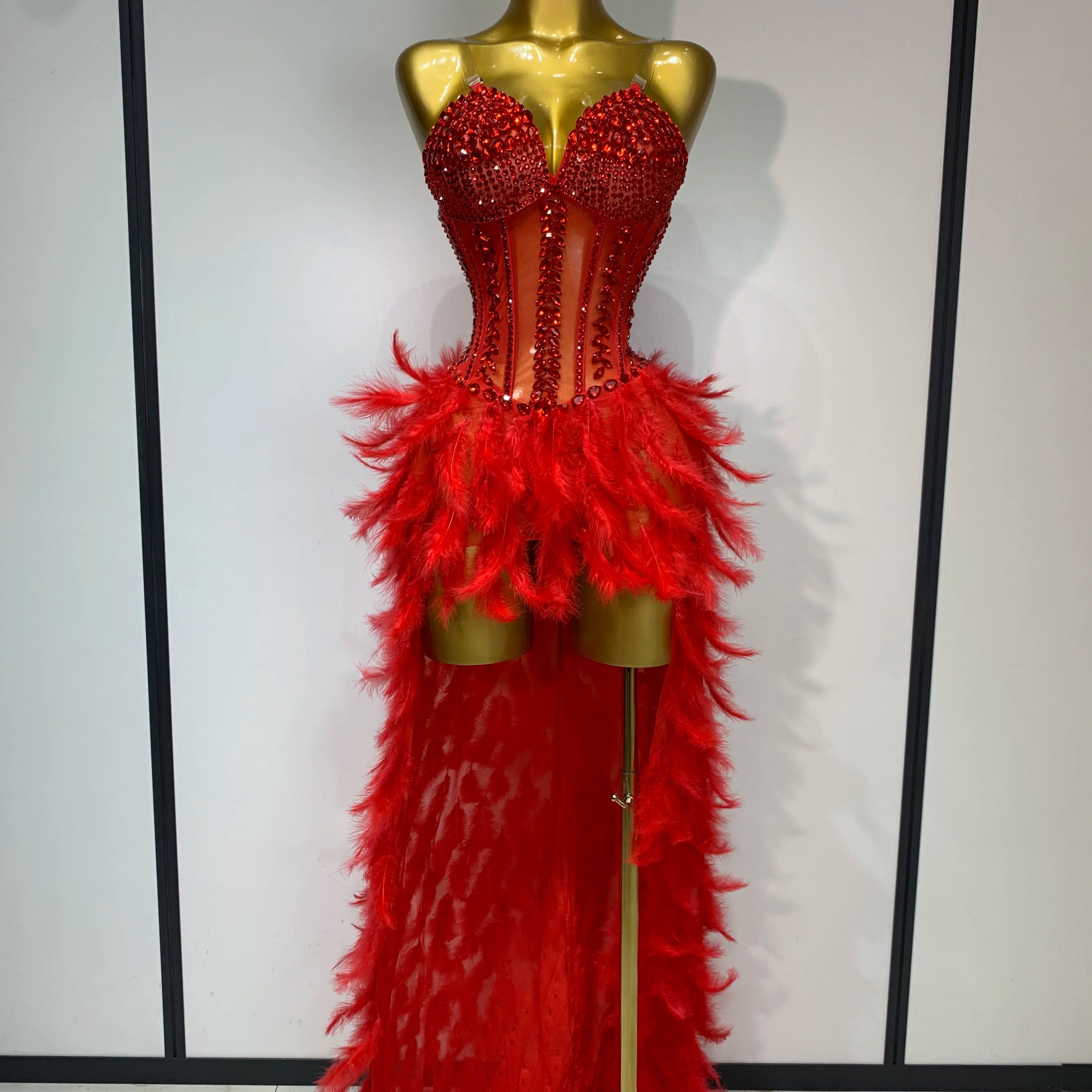 Sparkly Rhinestones Bodysuit Feathers Long Tail Dress Sexy Mesh Transparent Evening Party Celebrate Birthday Dress Stage Outfit Red