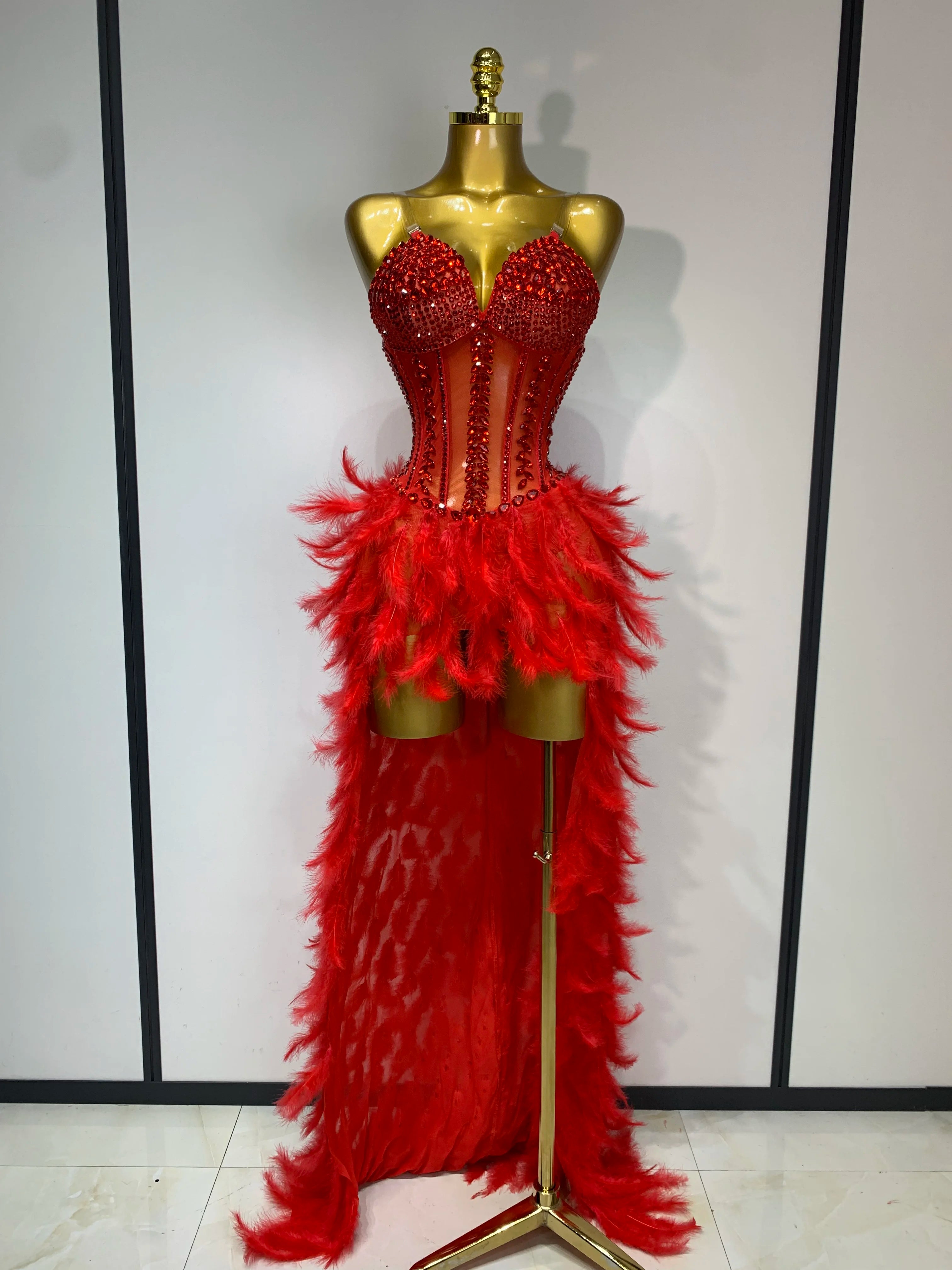 Sparkly Rhinestones Bodysuit Feathers Long Tail Dress Sexy Mesh Transparent Evening Party Celebrate Birthday Dress Stage Outfit Red