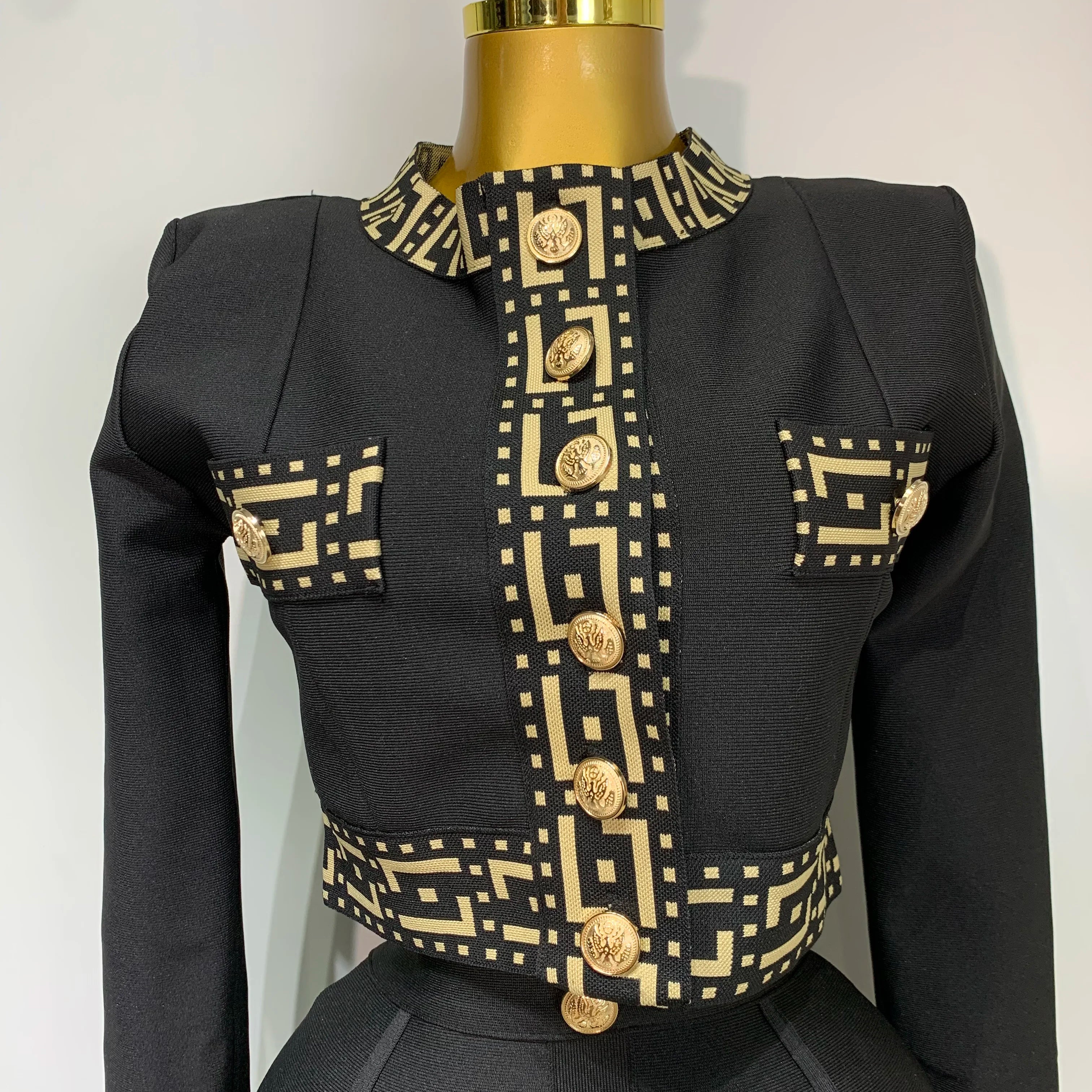 Women Black Long Sleeves Two Pieces Bandage Set Bottons Top Bodycon Mini Skirt Suit Evening Party Luxury Birthday Women's Outfit