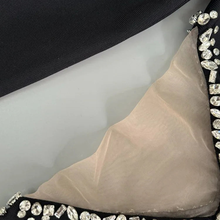 Women Celebrity Sexy Long Sleeve V Neck Beading Mesh Black Maxi Long Bandage Dress 2025 Elegant Evening Club Party Outfit